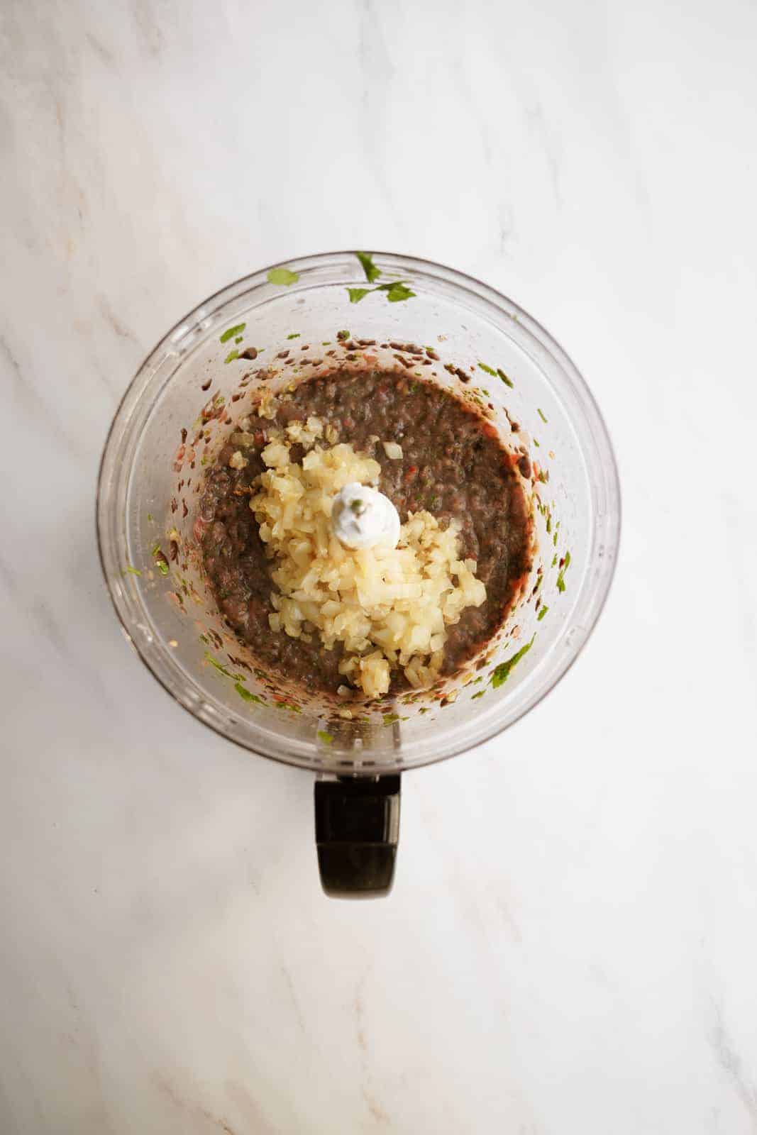 Black Bean Dip ingredients in a food processor.