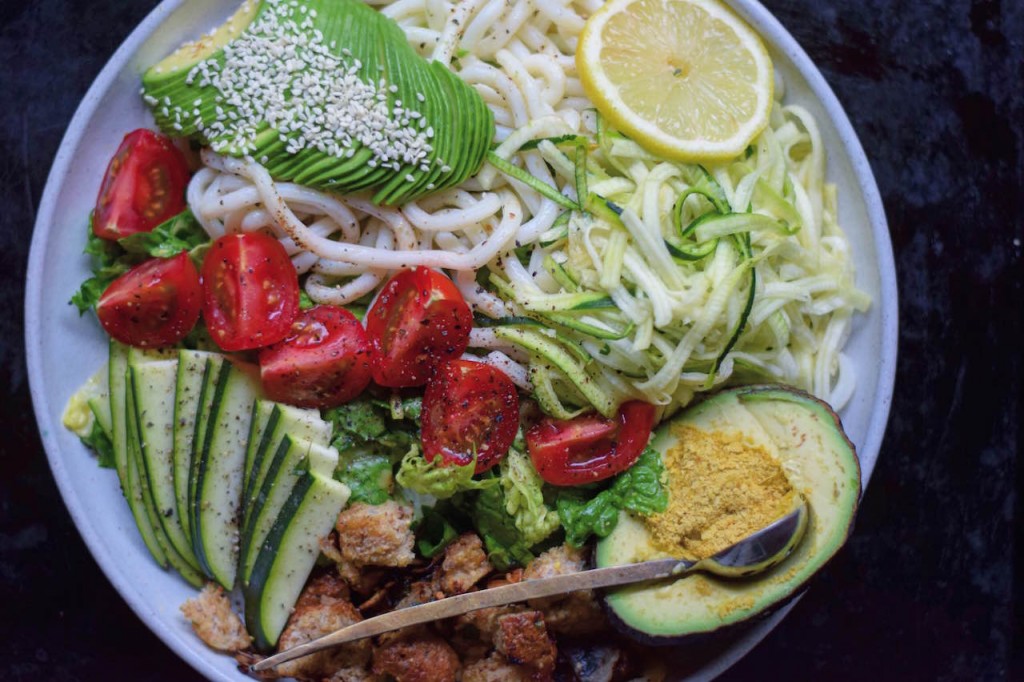 Udon Salad with fresh veggies on top 