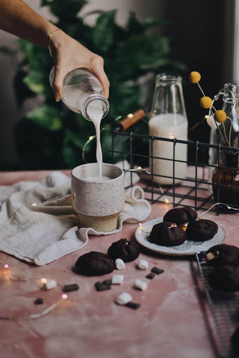 These double chocolate chunk marshmallow cookie cake pops or a vegan deserrt dream! Enjoy them the old school way with a tall glass of almond milk!