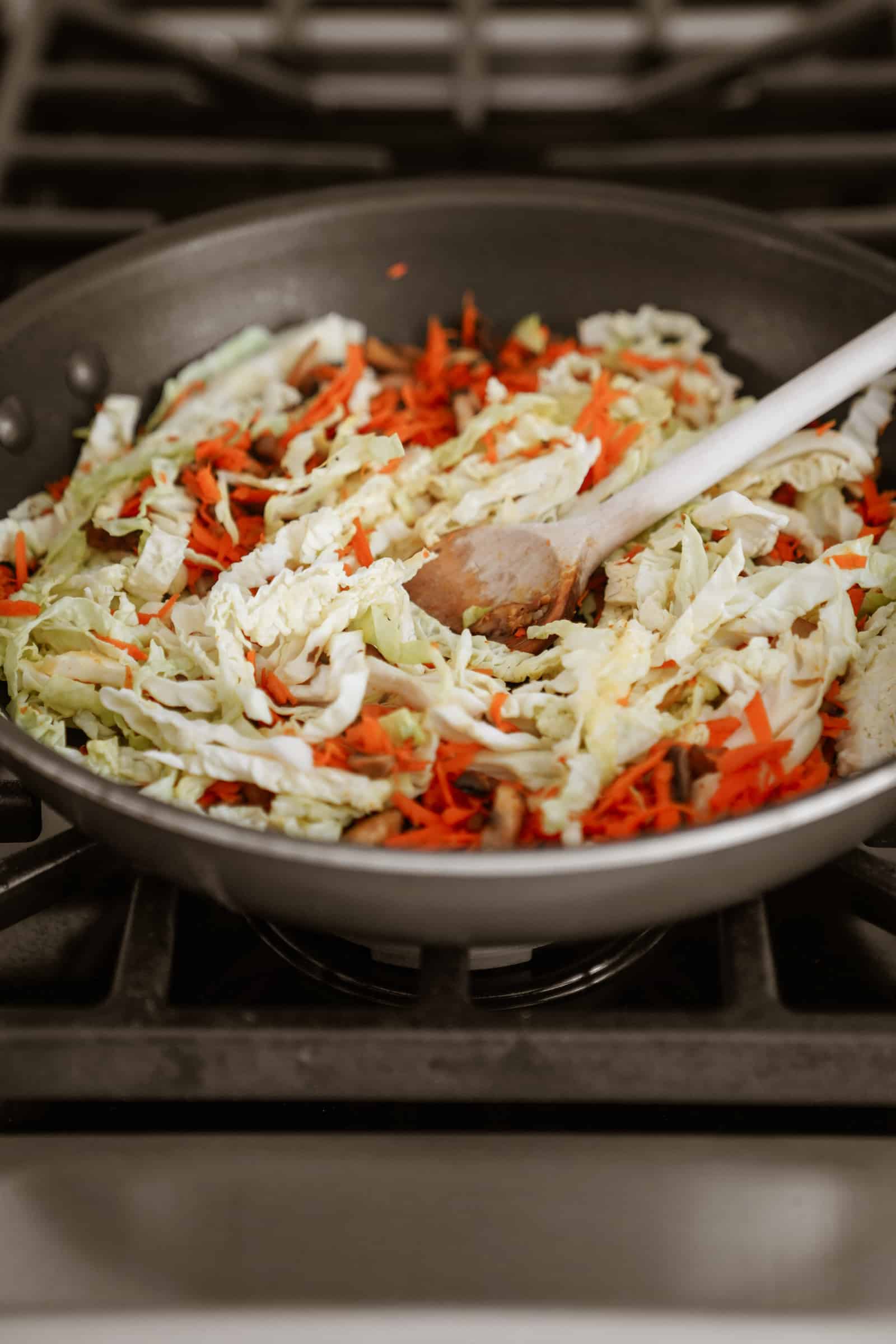 Ingredients for potstickers in a pan on the stove