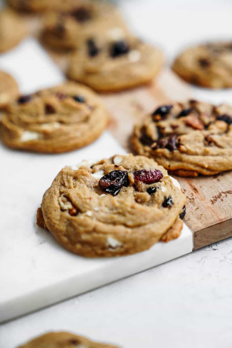 These plant-based, one bowl, white and dark chocolate chip cranberry cookies are super easy to make and are perfectly chewy and delicious!