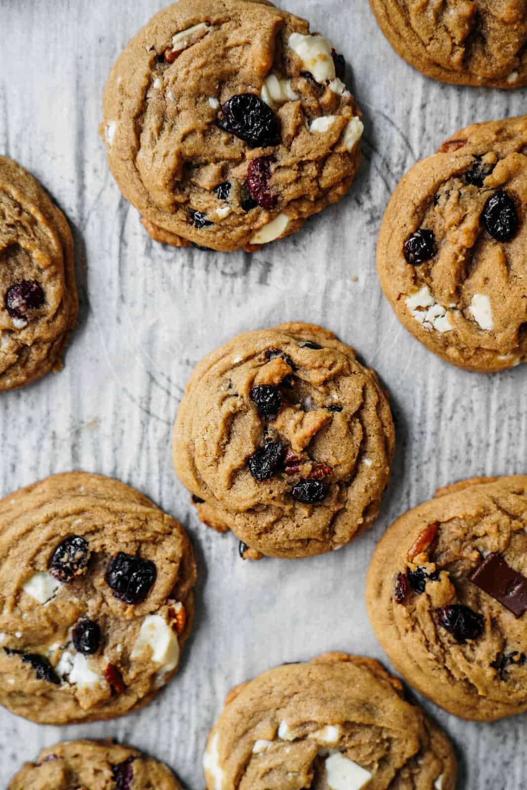 One Bowl White Chocolate Chip Cranberry Cookies on a baking sheet