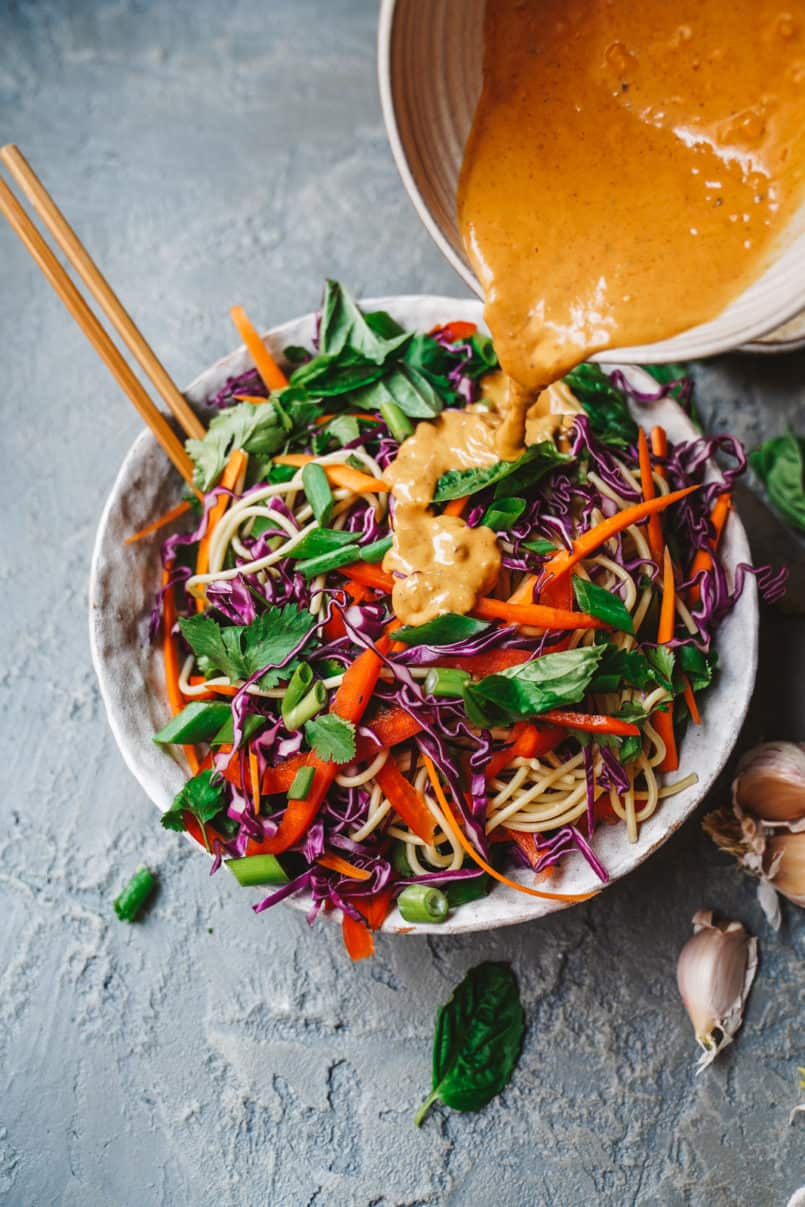 This spicy Thai sunflower noodle salad is super easy to make and allergen free thanks to its plant-based sunflower seed dressing.