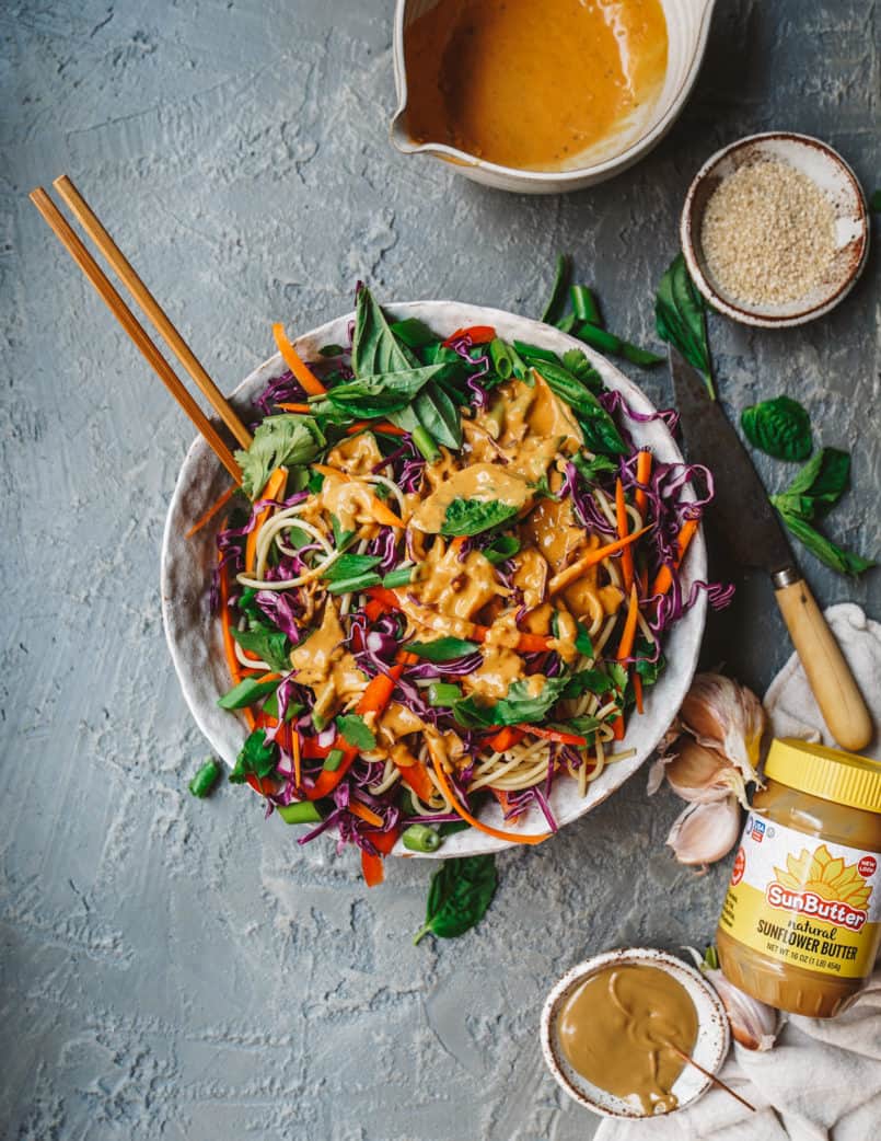 This spicy Thai sunflower noodle salad is super easy to make and allergen free thanks to its plant-based sunflower seed dressing.