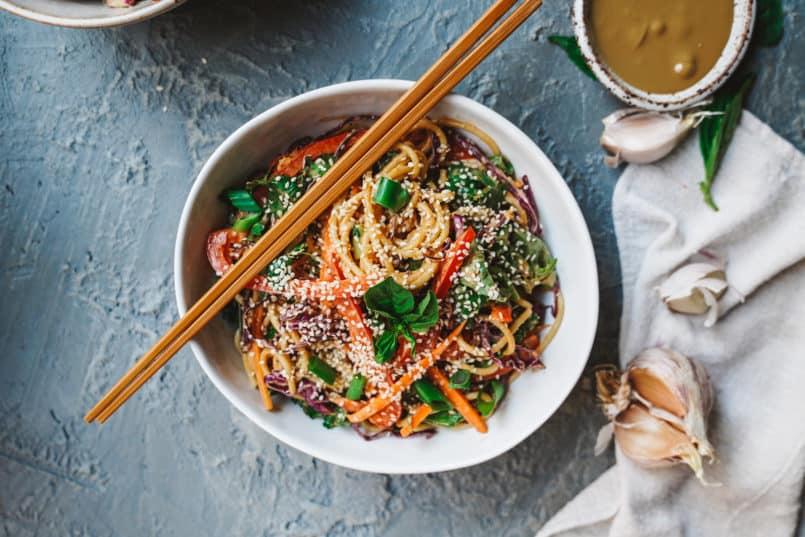 This spicy Thai sunflower noodle salad is super easy to make and allergen free thanks to its plant-based sunflower seed dressing.