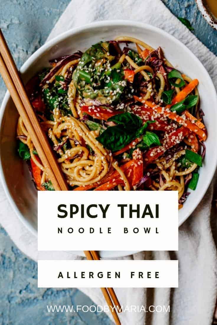 This spicy Thai sunflower noodle salad is super easy to make and allergen free thanks to its plant-based sunflower seed dressing.