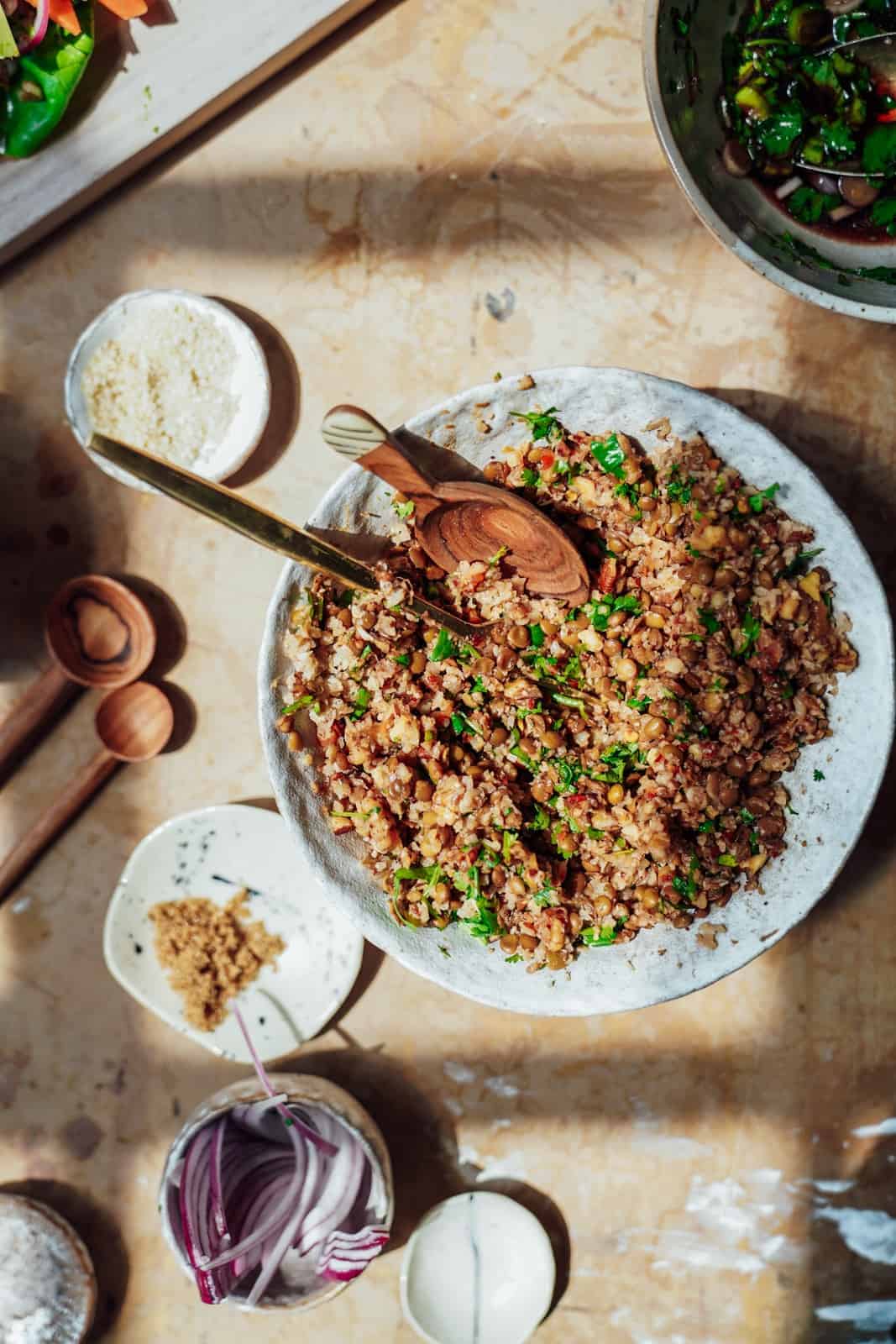 Vegan meat on a plate on a counter