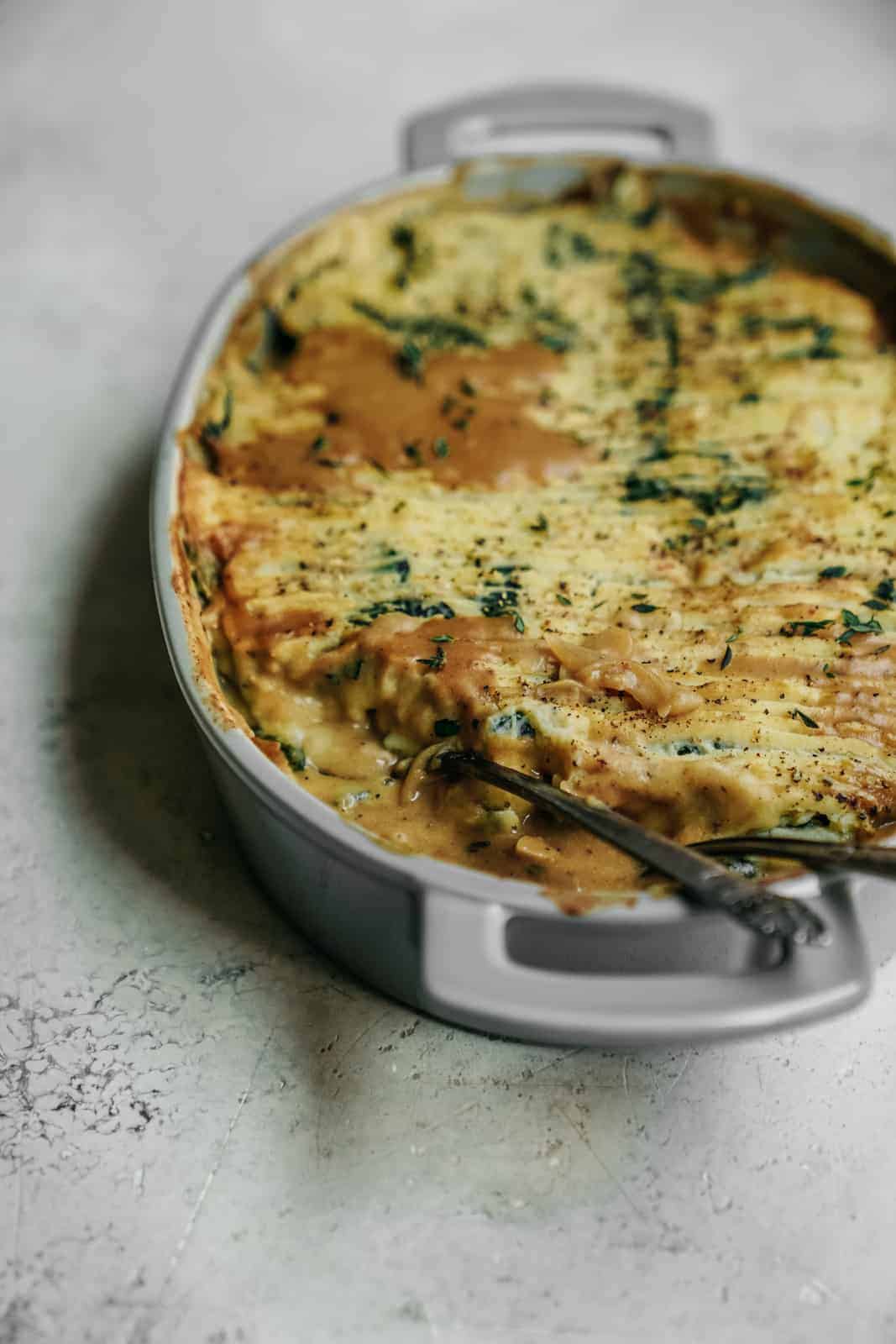 Delicious vegan mashed potatoes hot from the oven being served