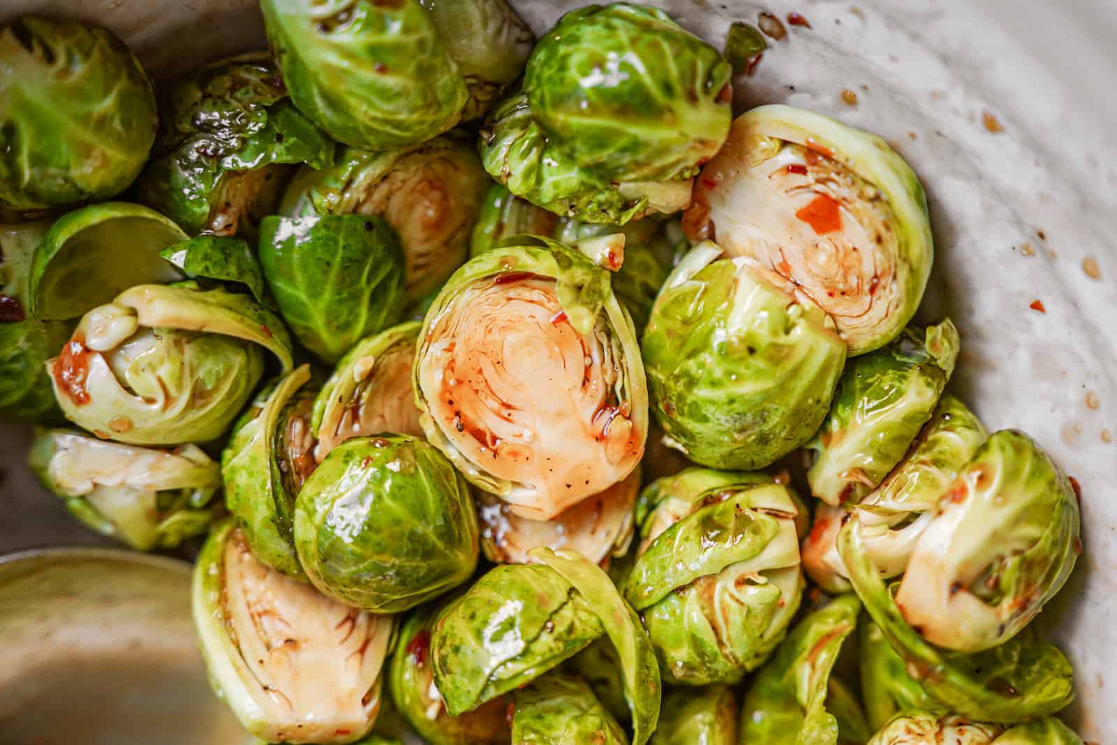 Close up of vegan brussel sprouts recipe