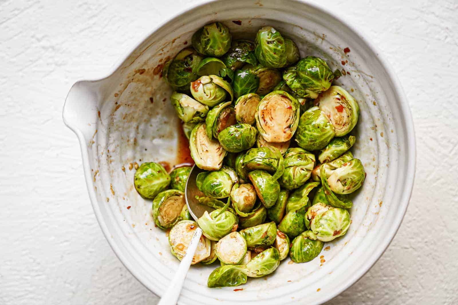 vegan brussel sprouts recipe in a bowl