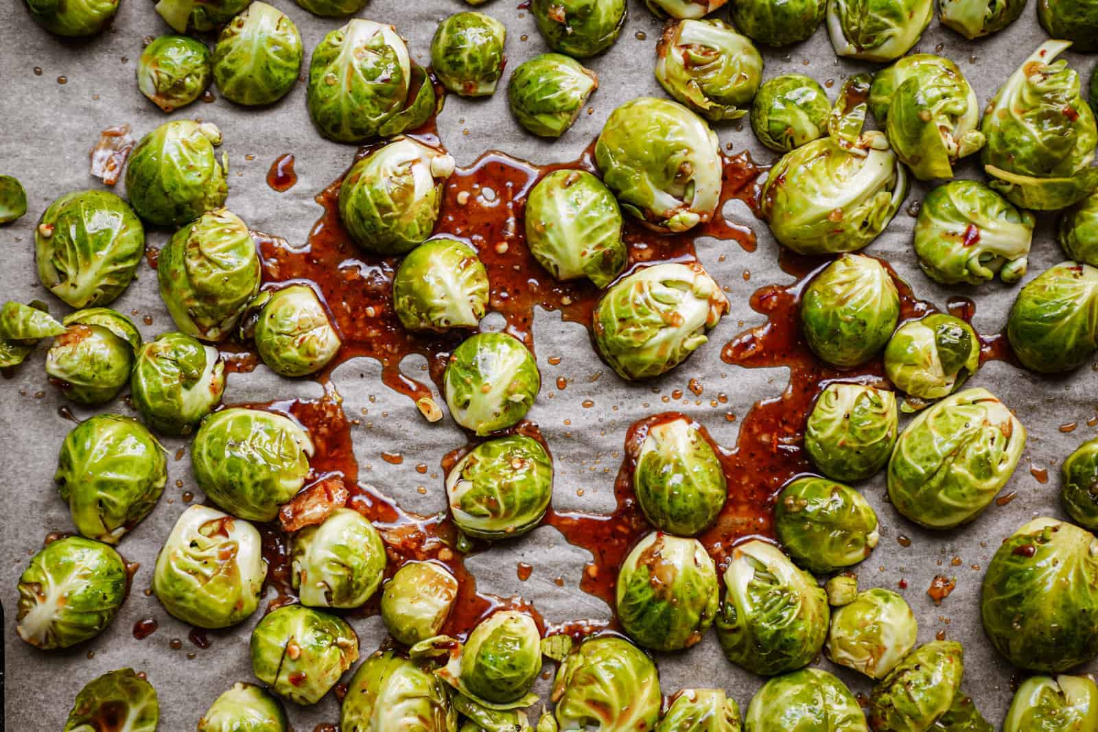 vegan brussel sprouts recipe spread out on a sheet