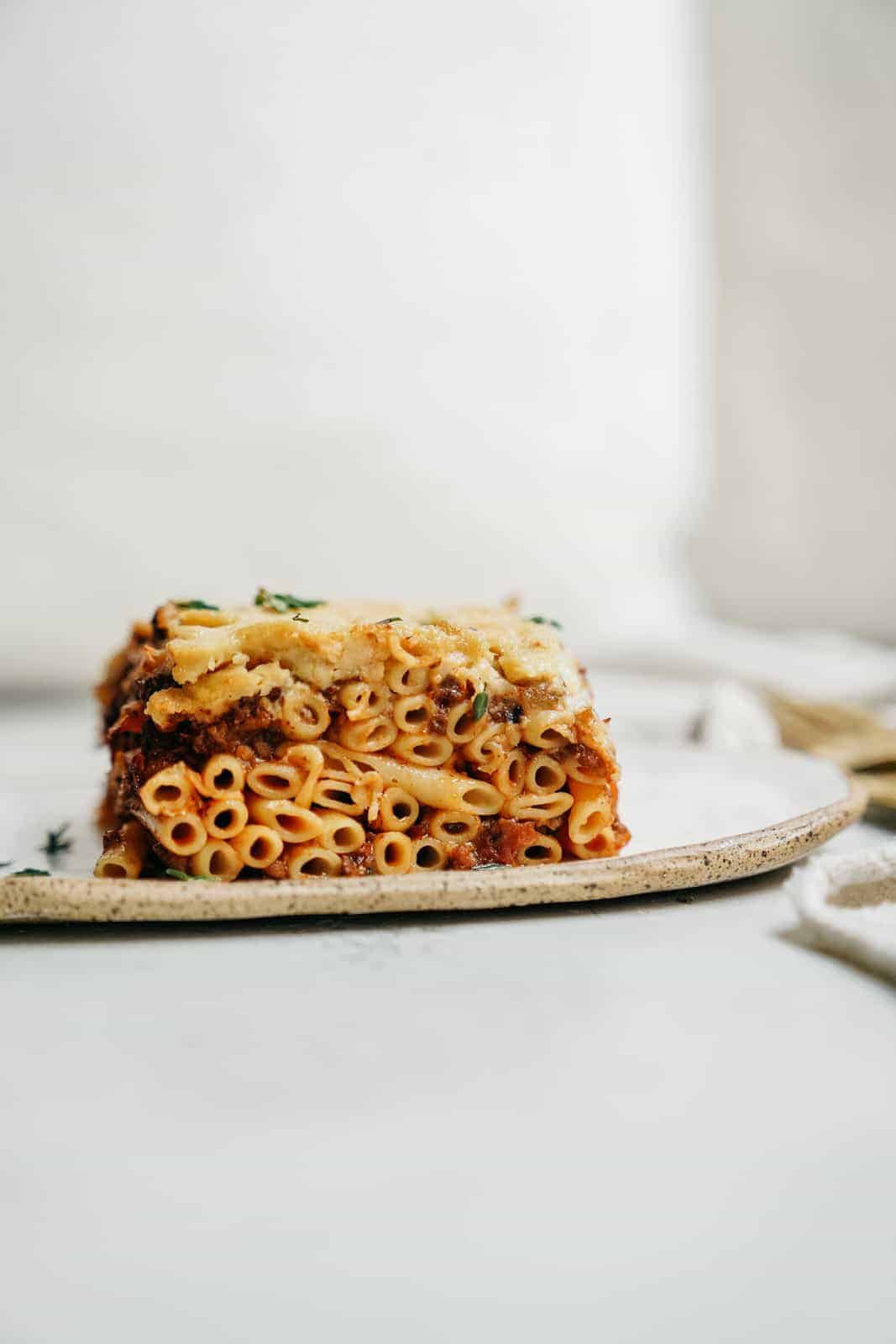 Greek Pastitsio on a white plate.