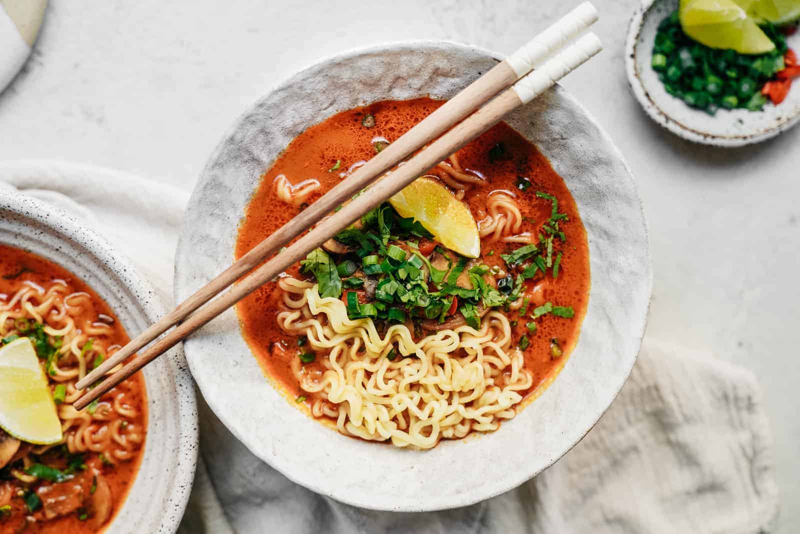 Bowl of Ramen on a table with chopsticks