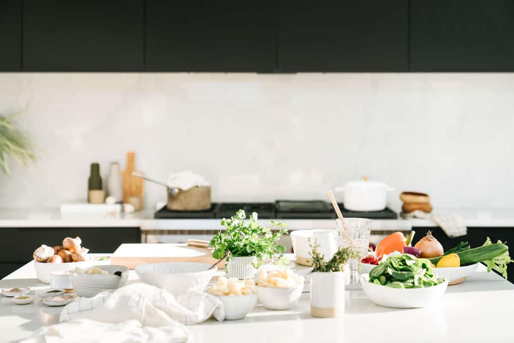 Countertop spread with food ready to be cooked or photographed by food bloggers like FoodByMaria