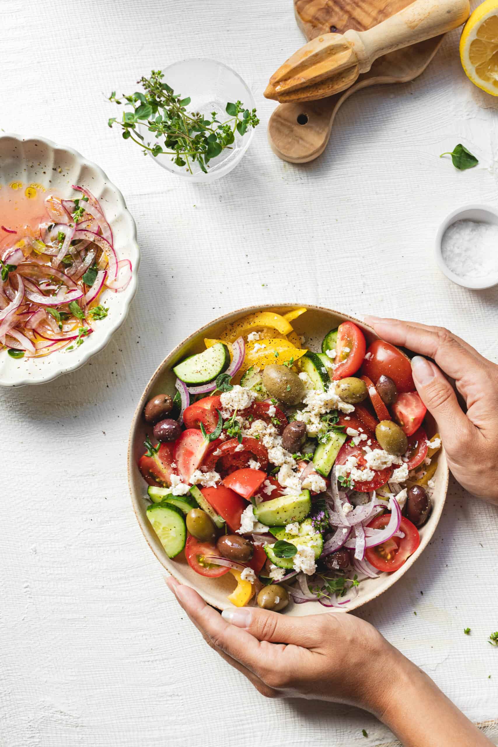 Big bowl of Vegan Greek Salad for the my instructions on how to quick pickle onions