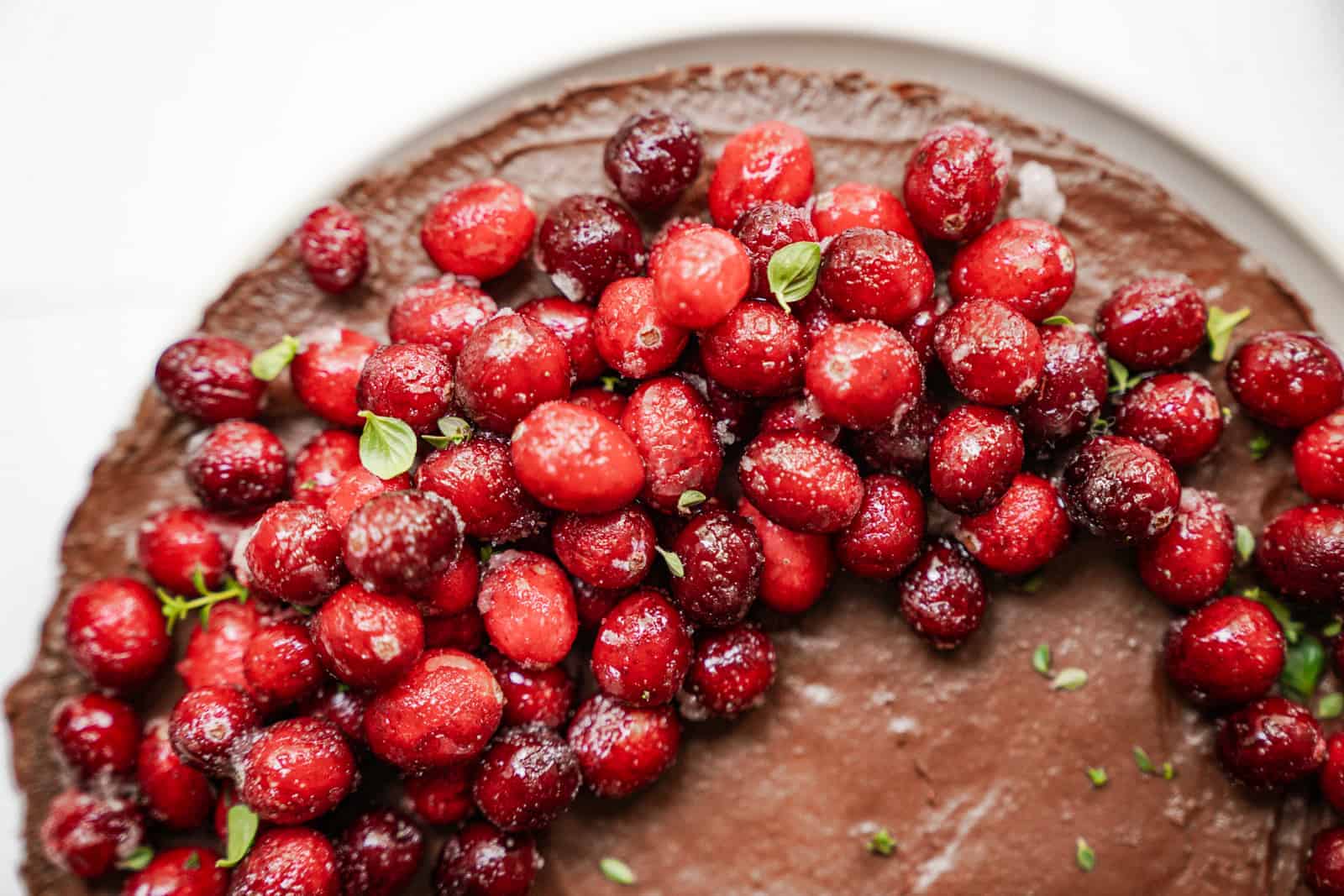 A close-up of Vegan Pecan Coffee Cake and the fresh cranberries on top of the chocolate icing.