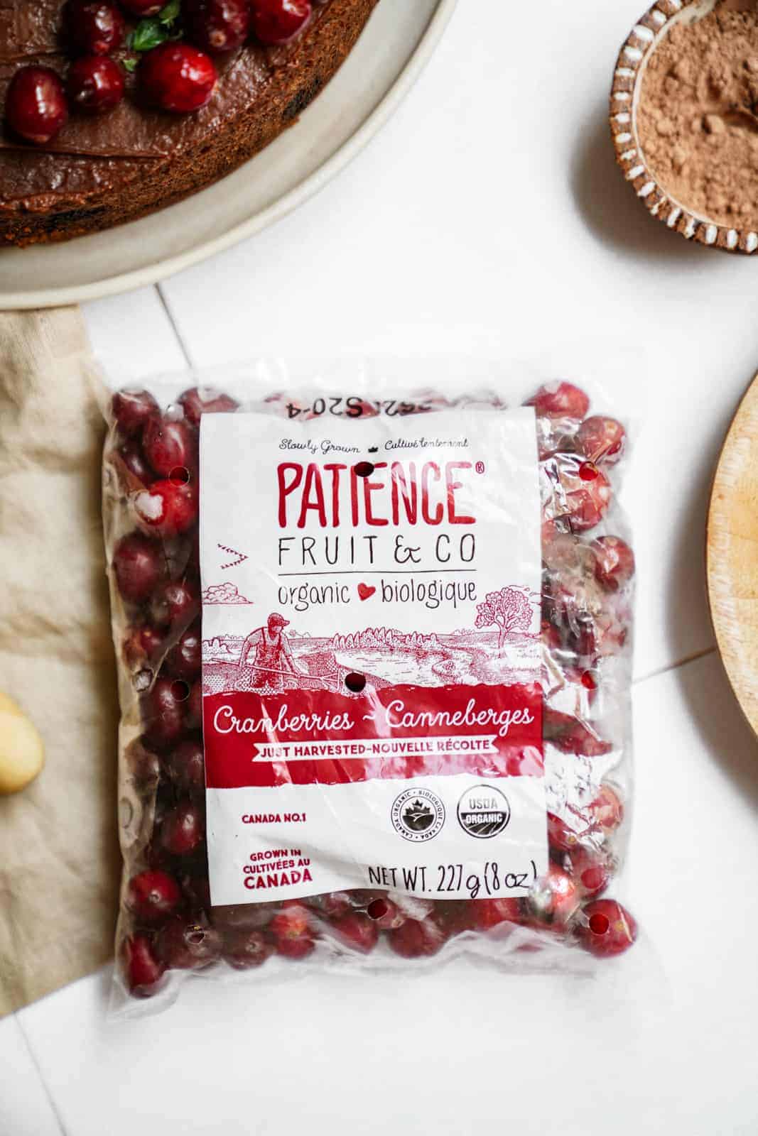 A bag of Patience Fruit & Co. cranberries.