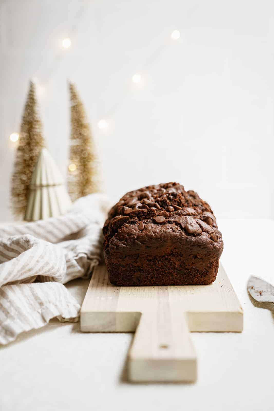 Chocolate banana bread on cutting board 