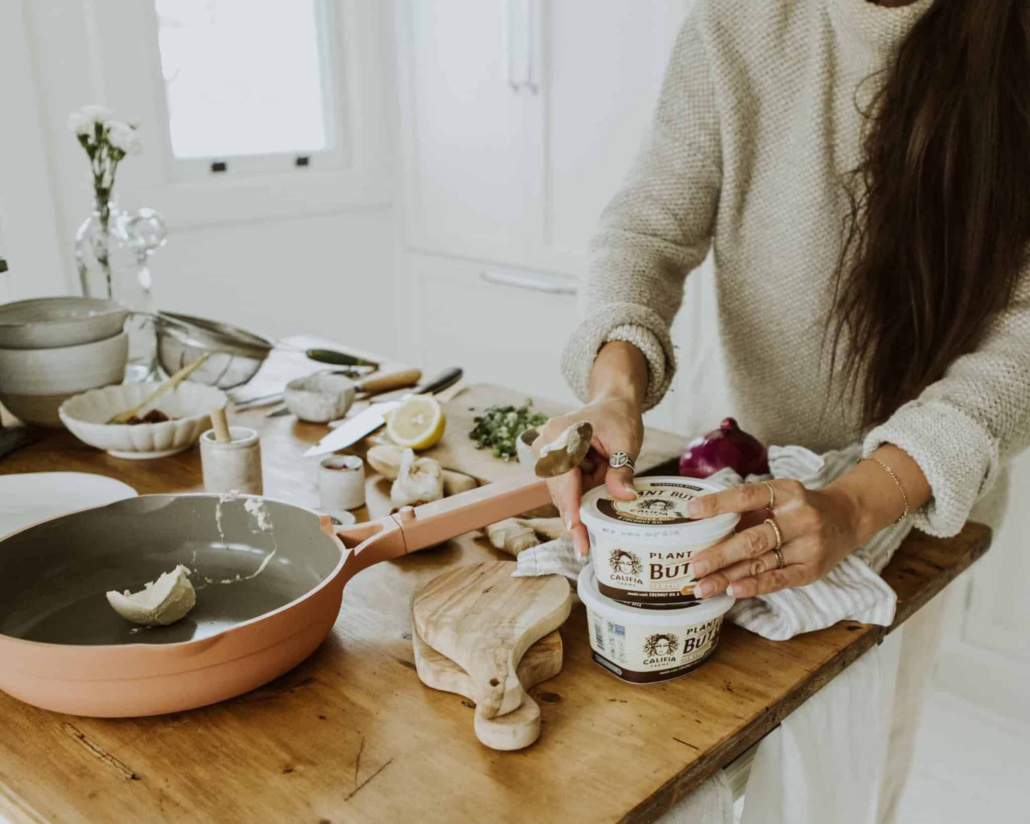 Putting away Califia Farm Plant Butters while cooking stuffed eggplant