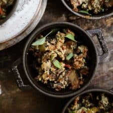 gluten-free stuffing in mini pots on counter.