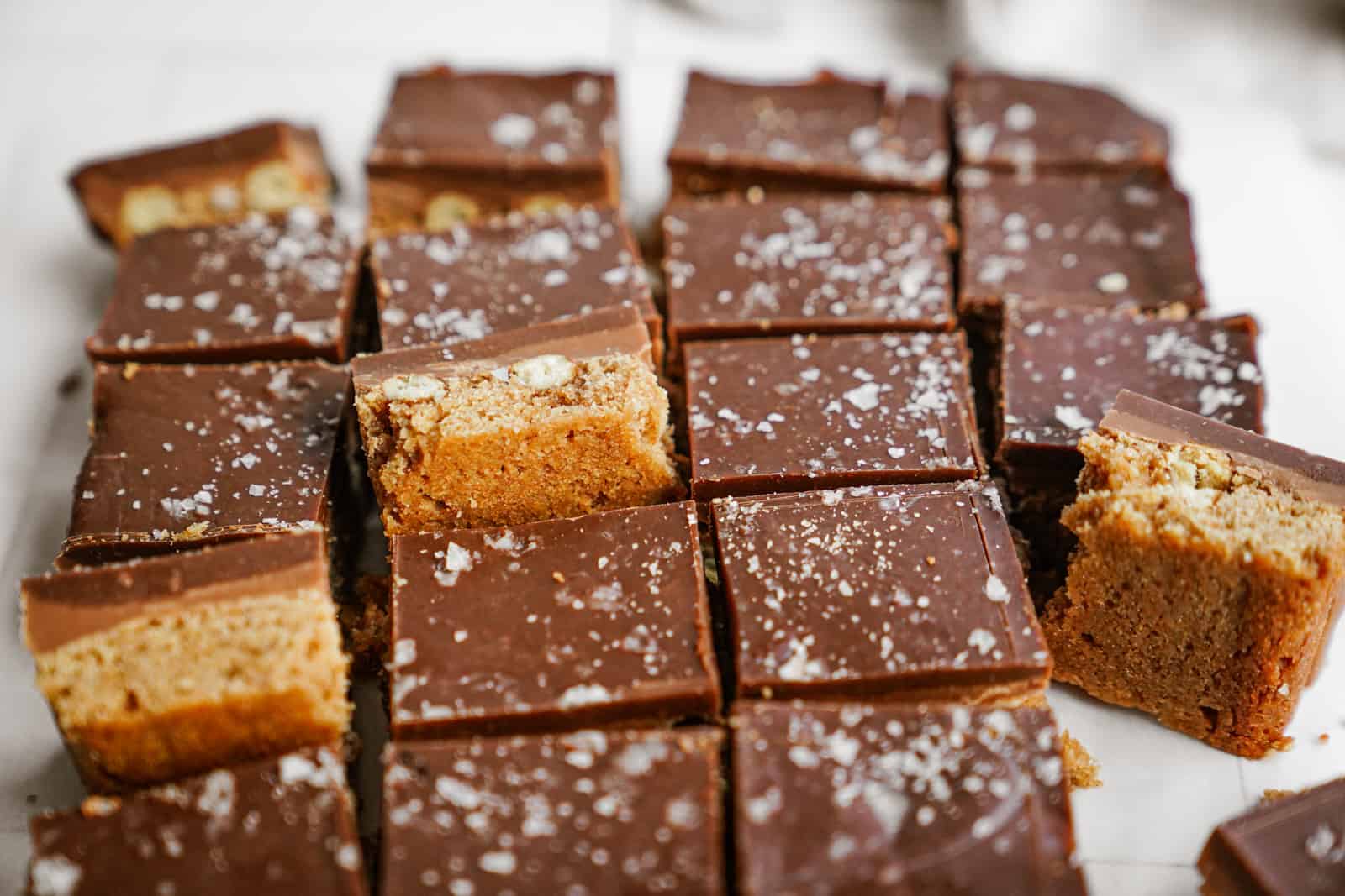 Close-up of Caramel Pretzel Bars cut into squares. 