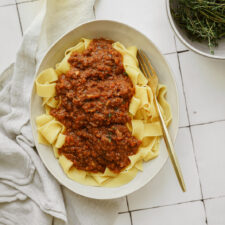 Big bowl of vegan ragu on countertop