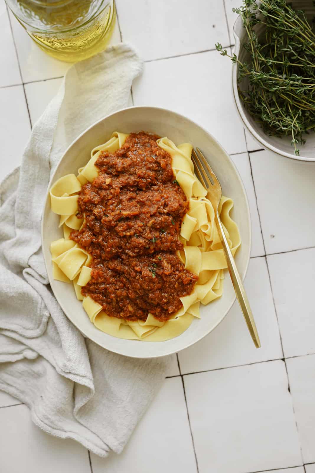 Big bowl of vegan ragu on countertop