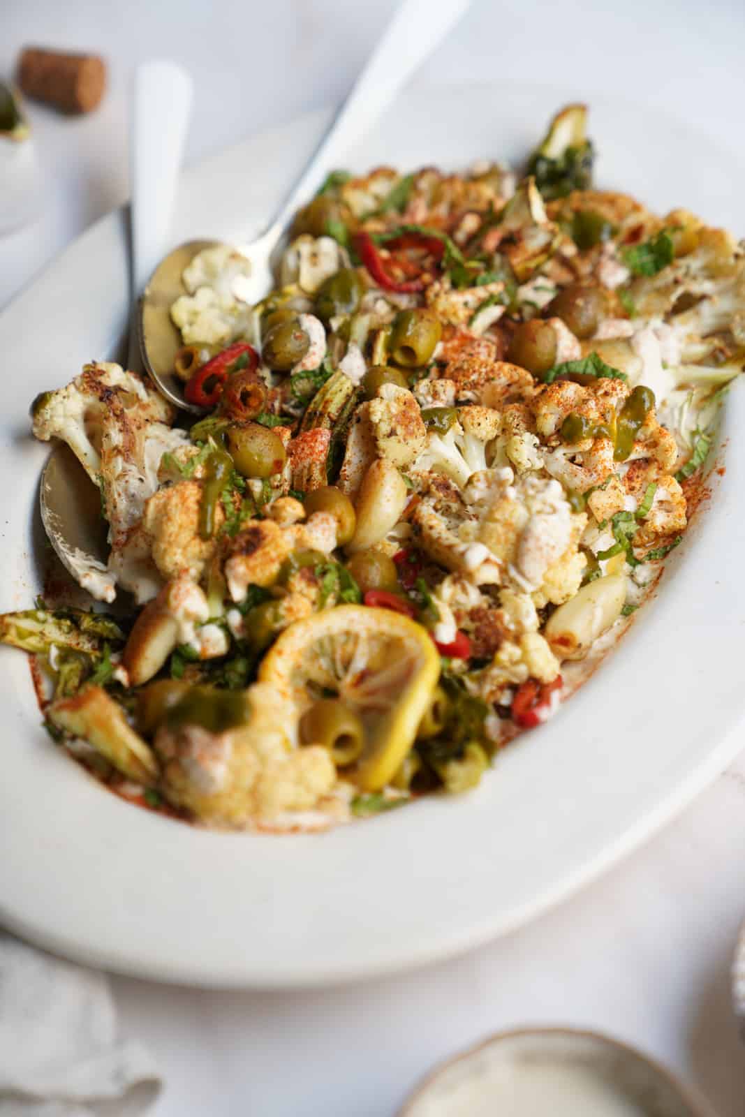 Close-up of Roasted Cauliflower with Tahini whip.