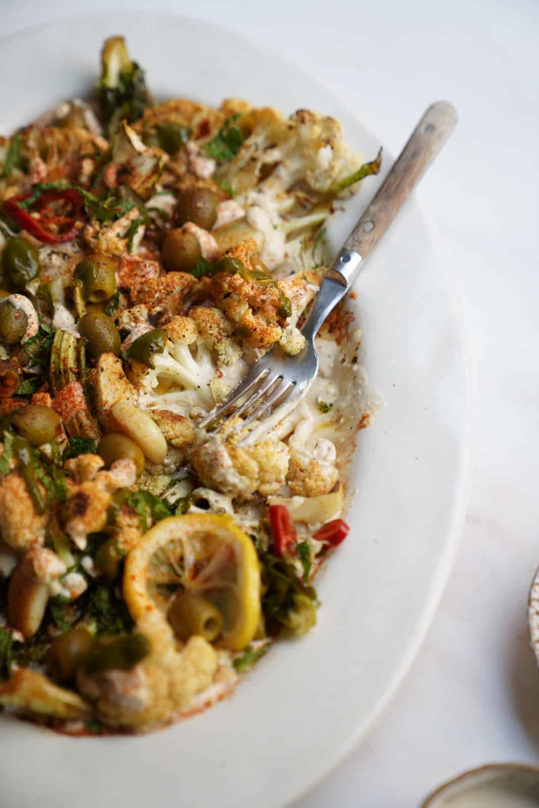 Close-up of Roasted Cauliflower with Tahini whip.