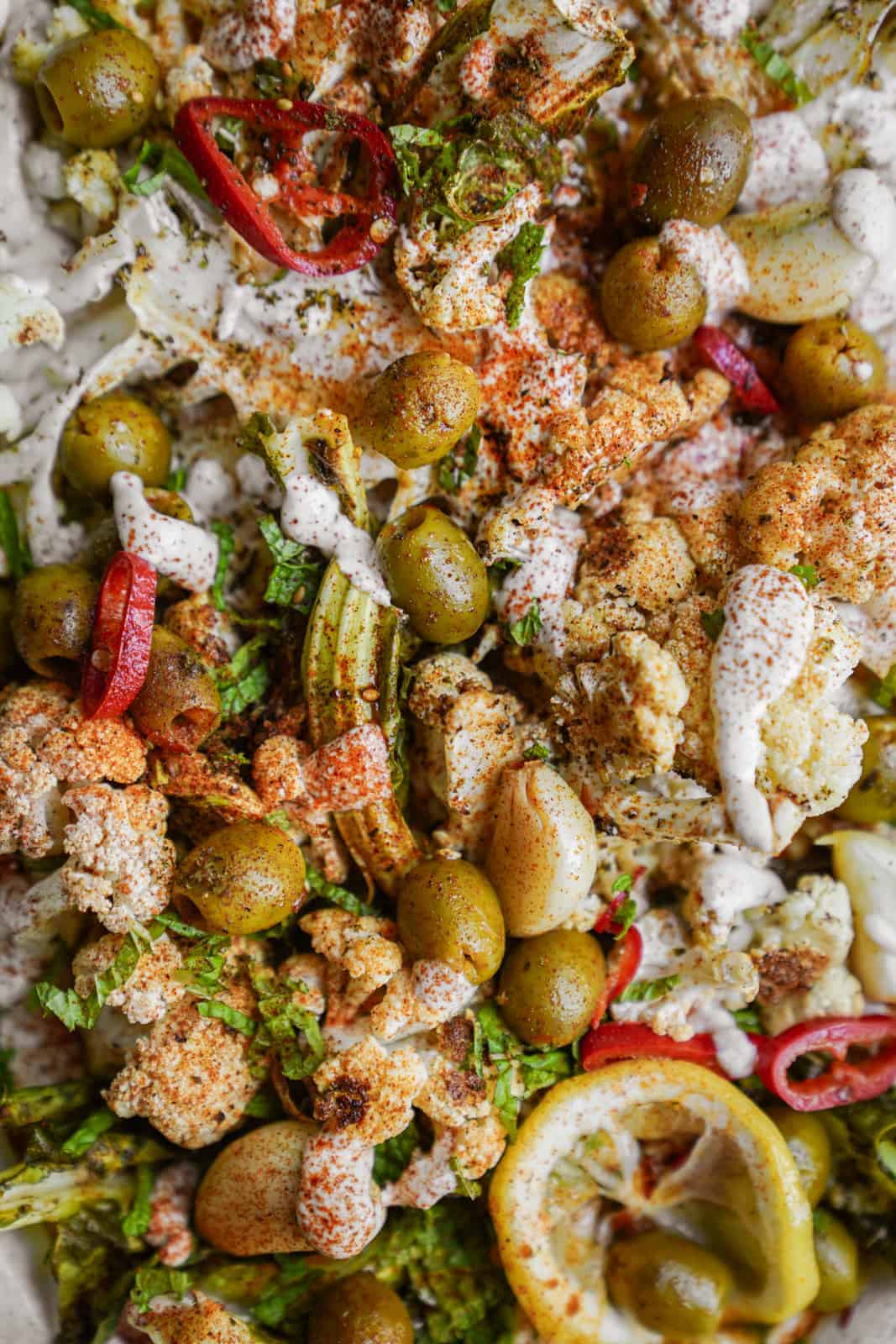 Close-up of Roasted Cauliflower with Tahini whip.