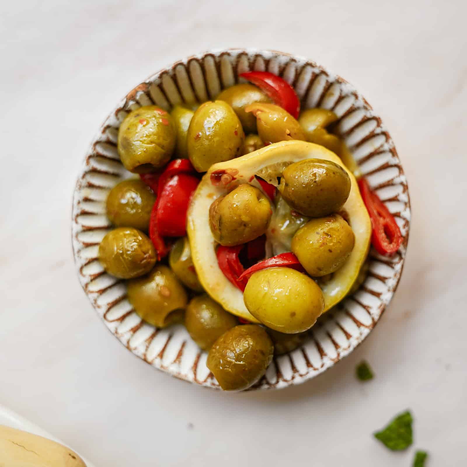 Bowl of fresh green olives