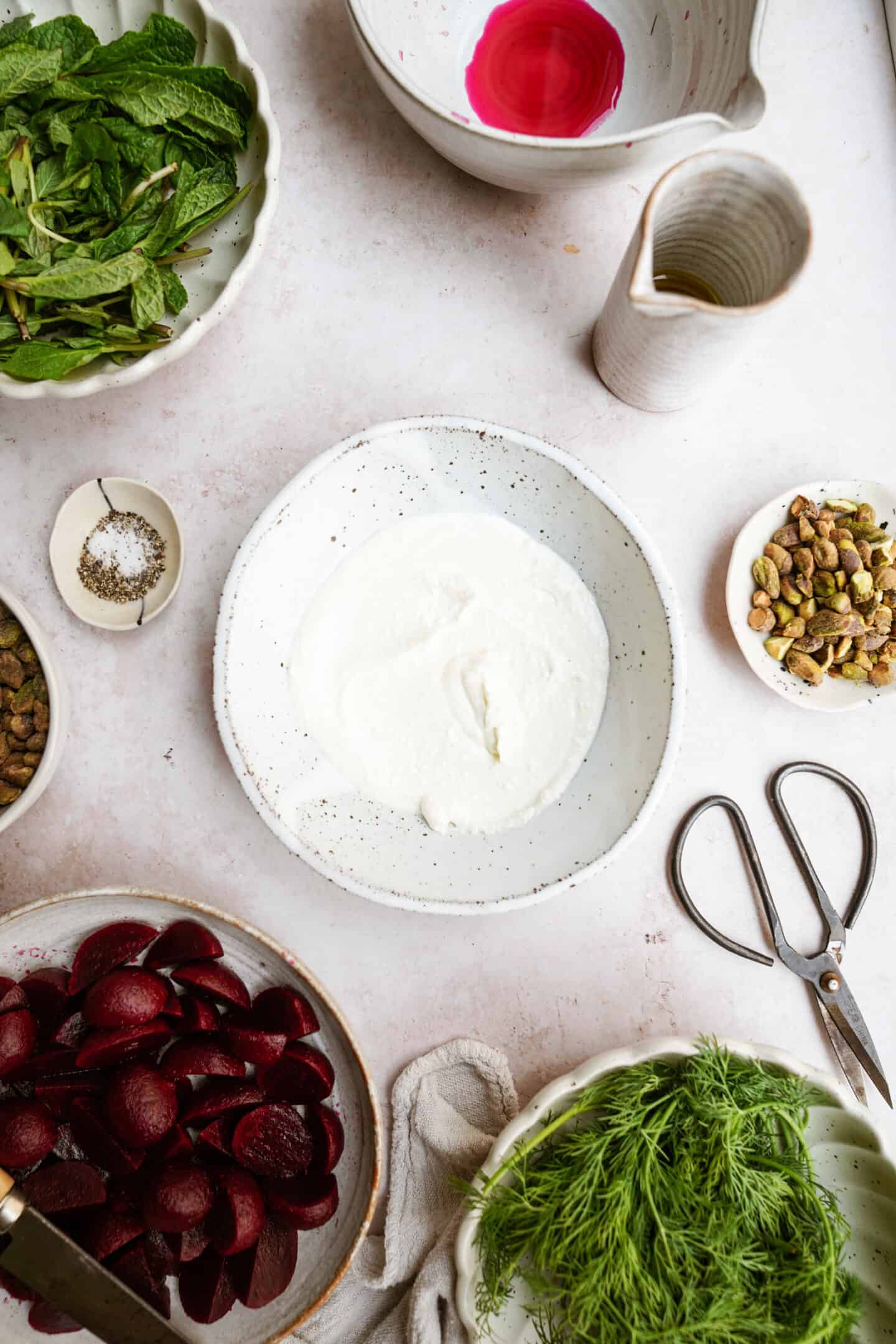 Layered whipped feta on a white bowl