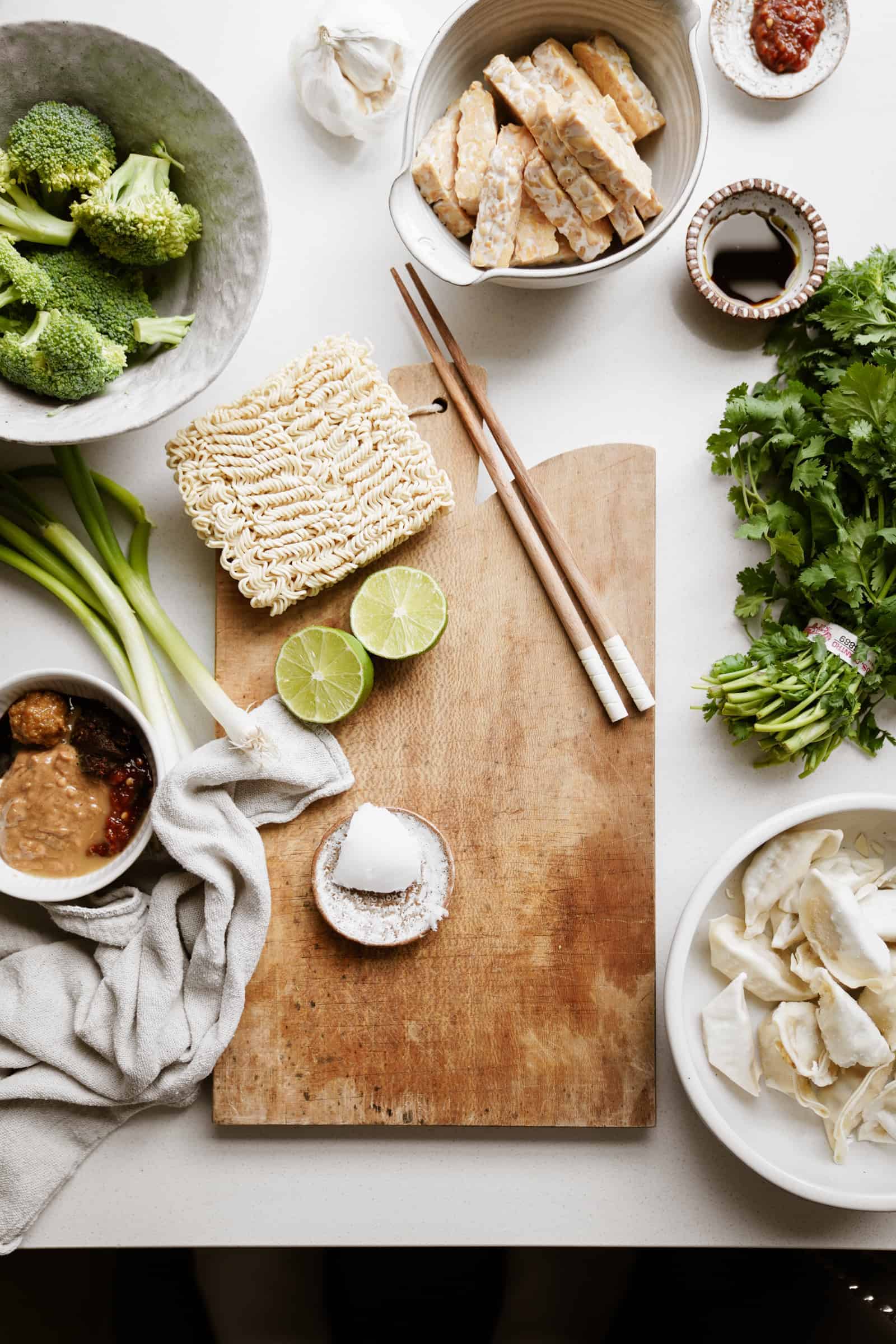 ingredients for easy vegan ramen on a white surface