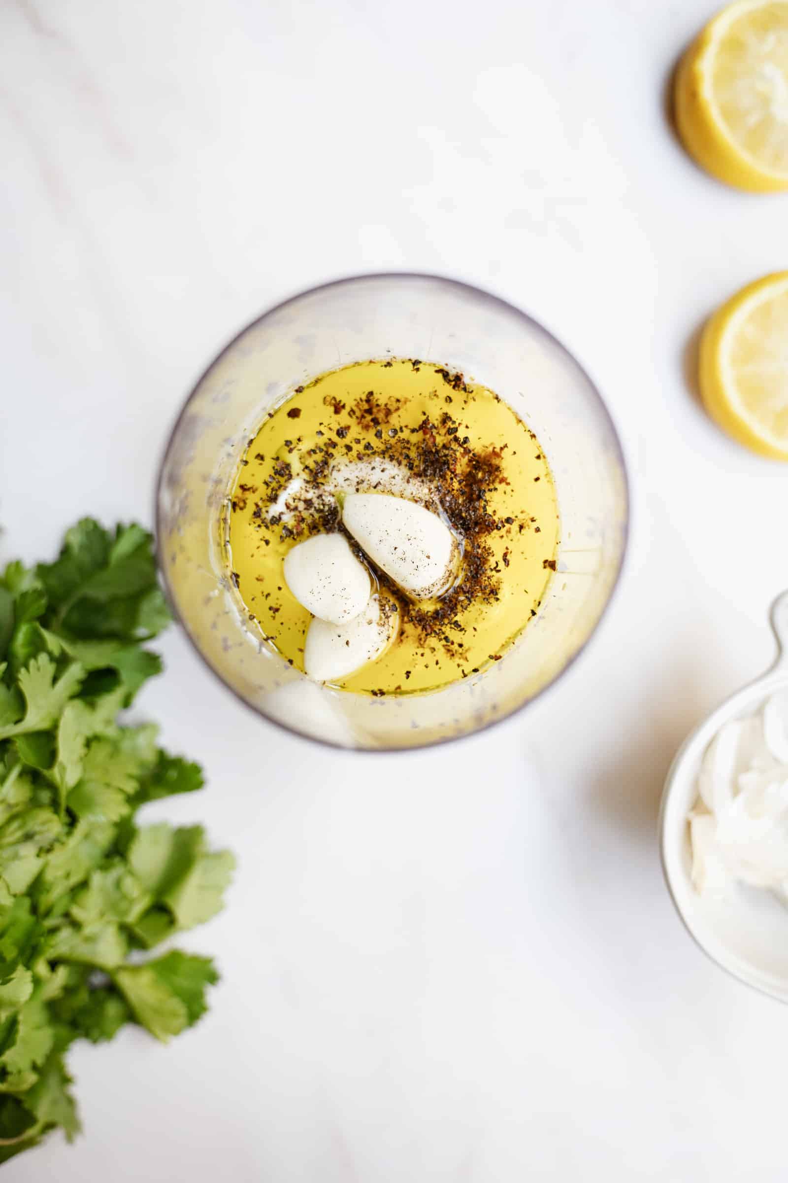 Ingredients for dressing in a small bowl