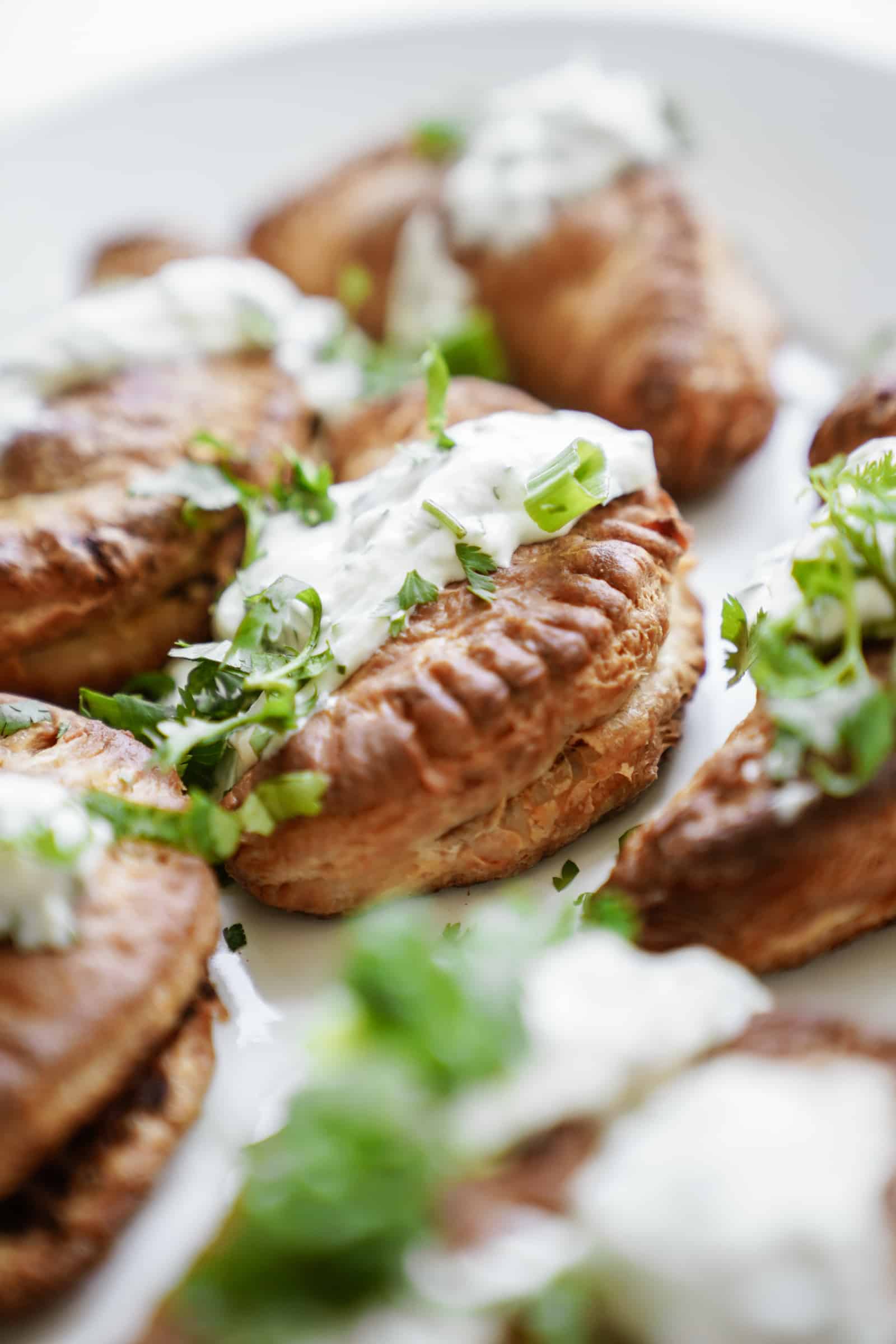 vegetarian hot pockets with walnut meat and lime cilantro sauce ontop