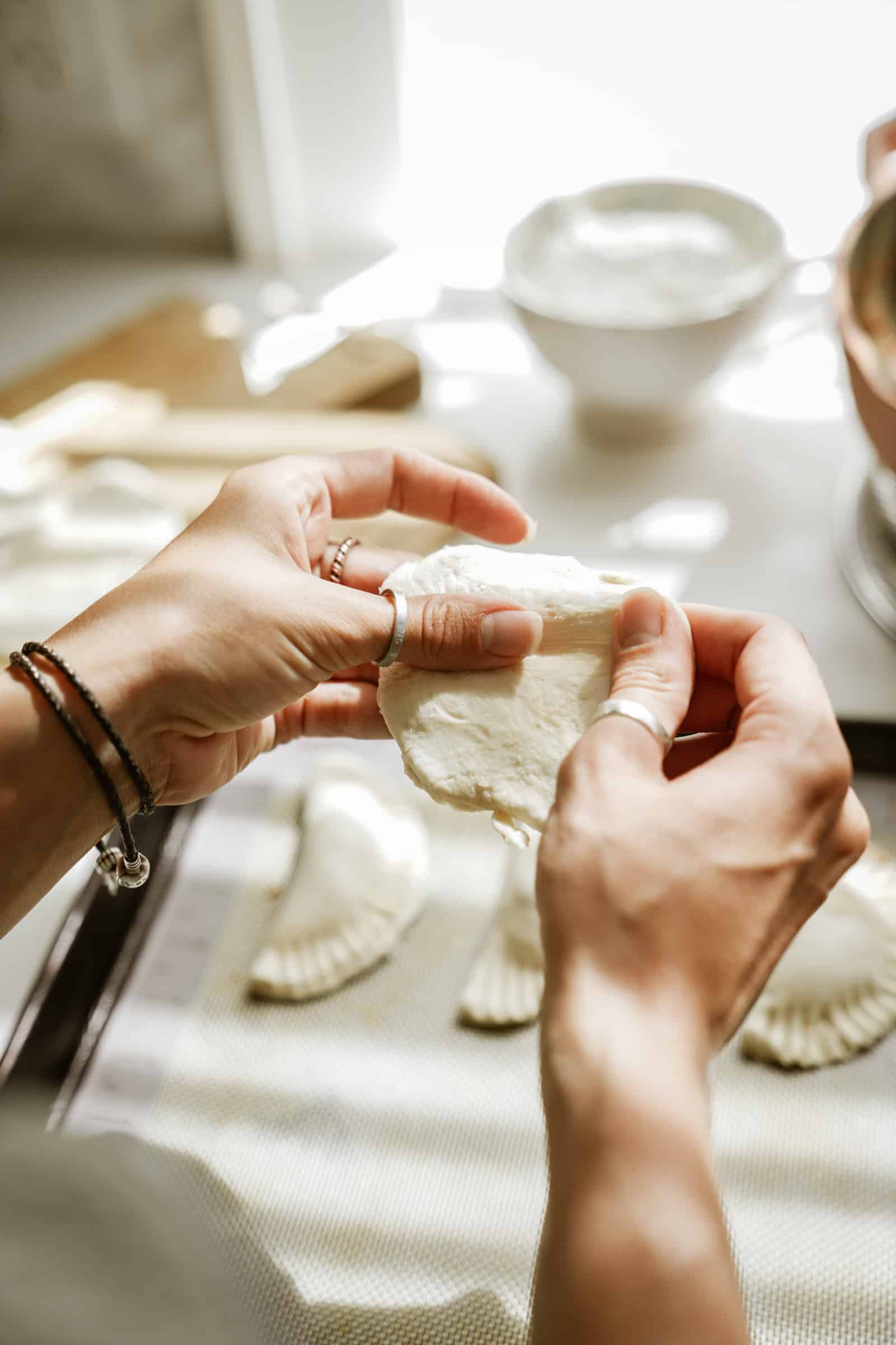 vegan hot pockets dough being folded