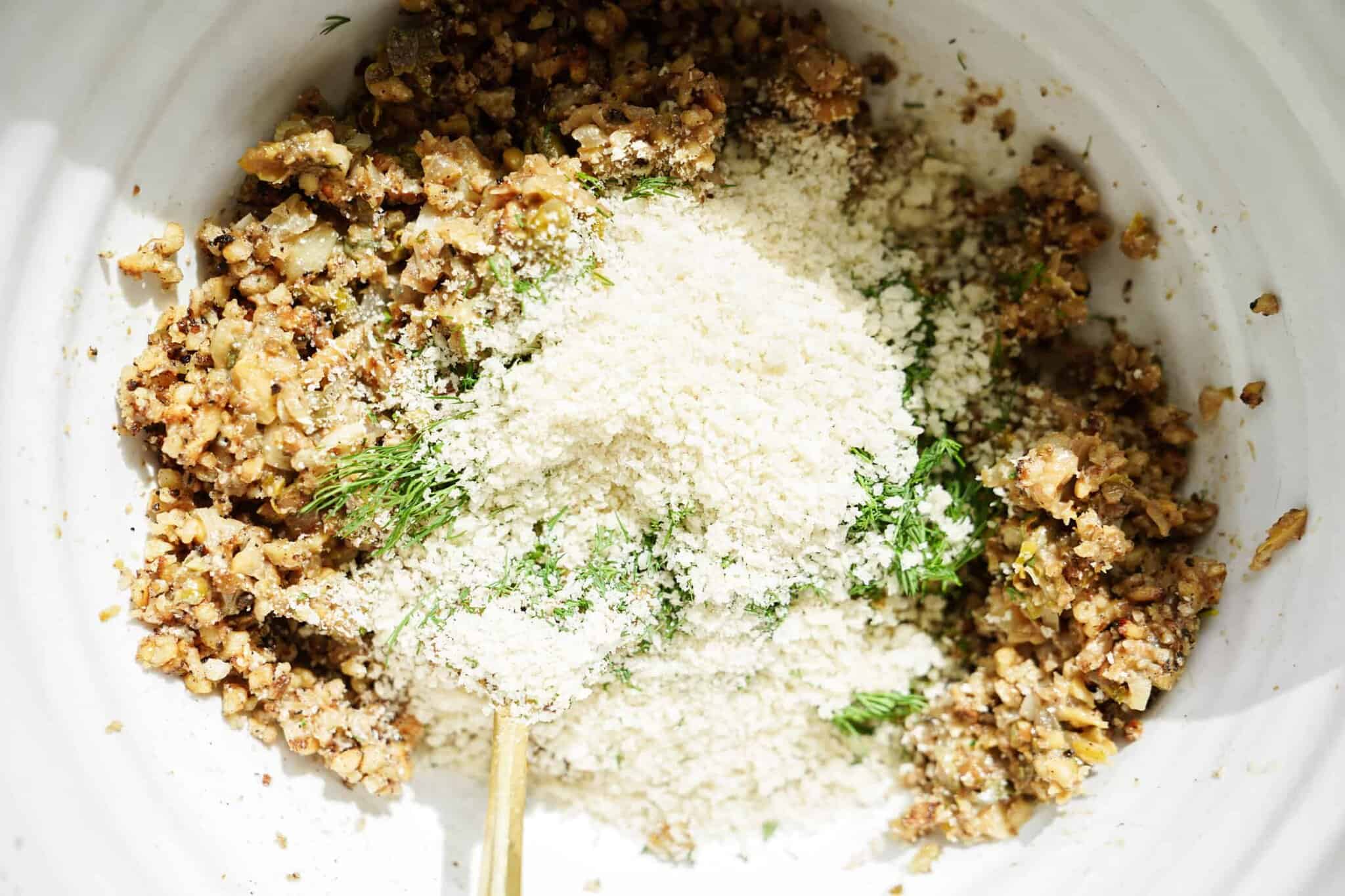 Ingredients for meatballs in a bowl