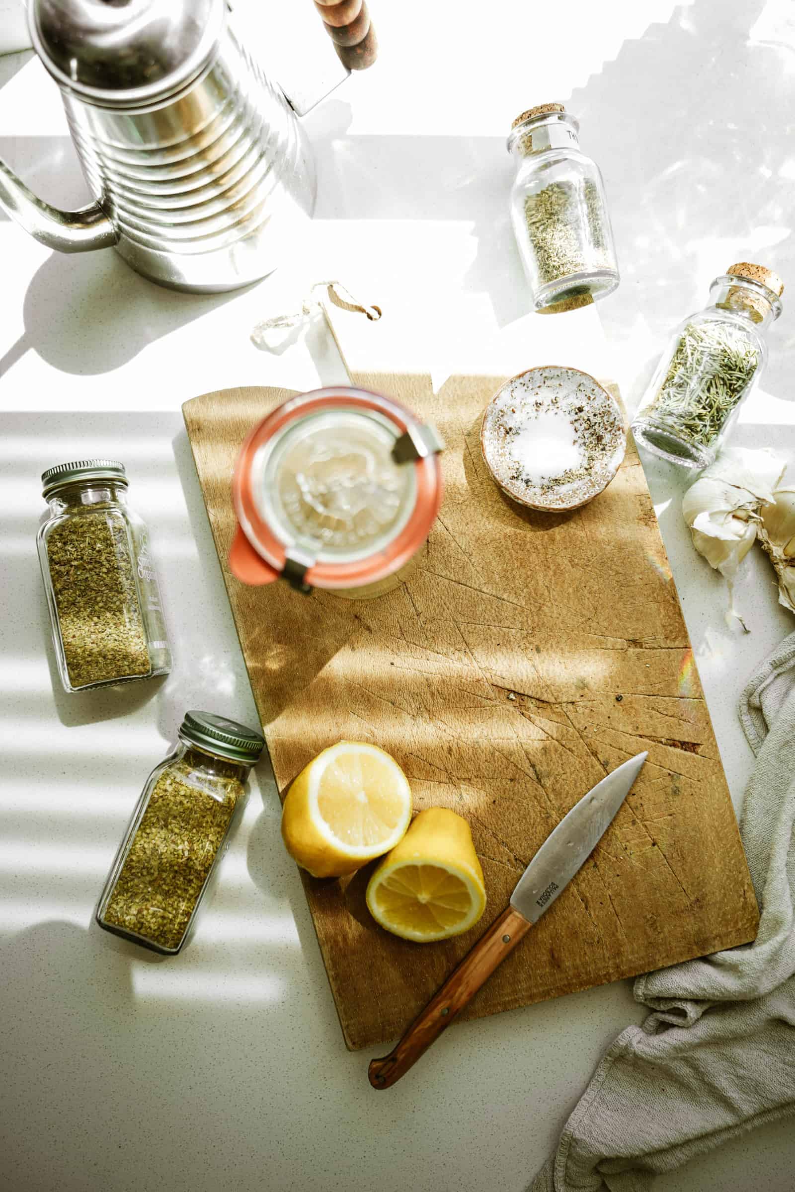 Ingredients for Greek salad dressing on a counter