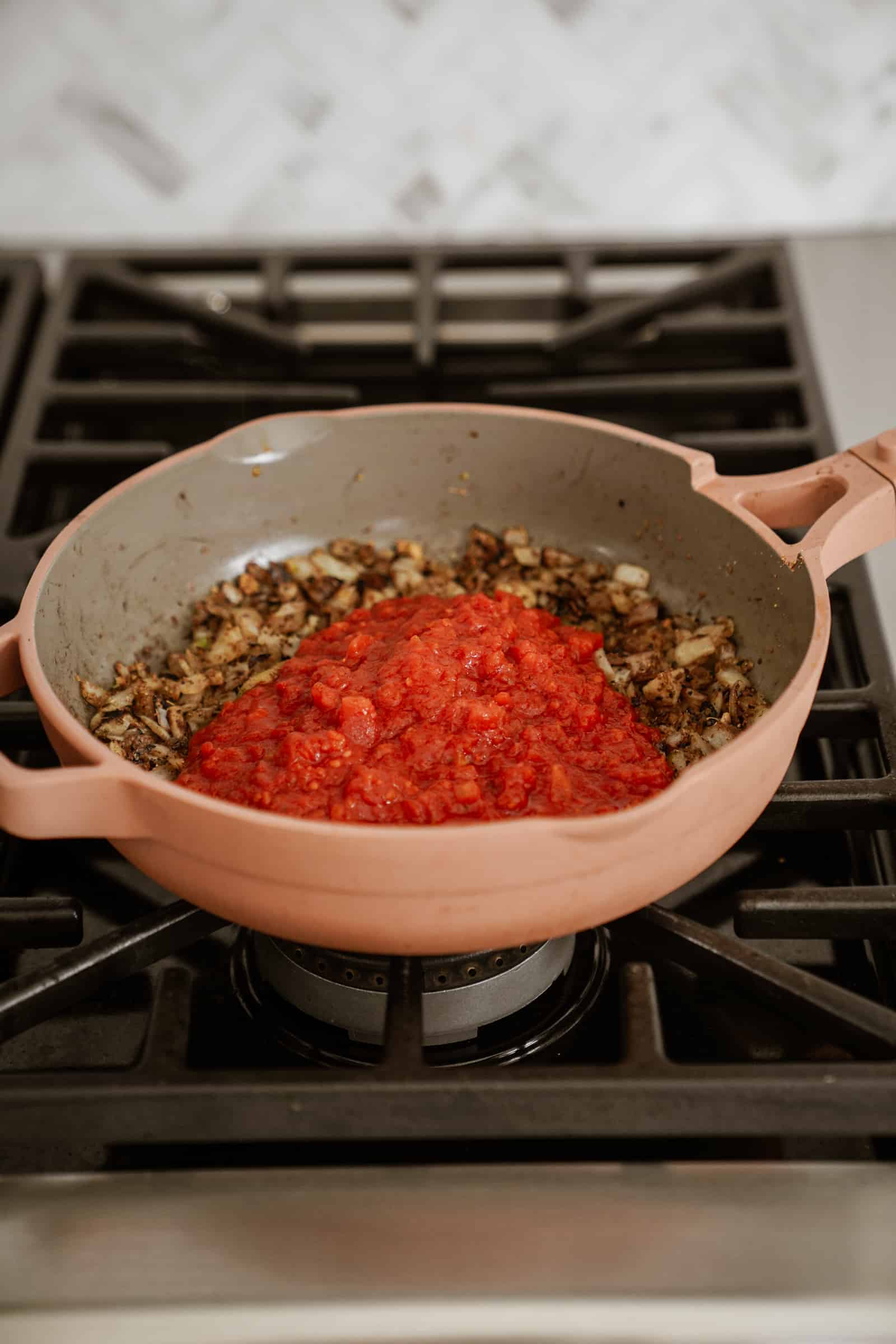 Vegan shepherds pie ingredients in a pot cooking