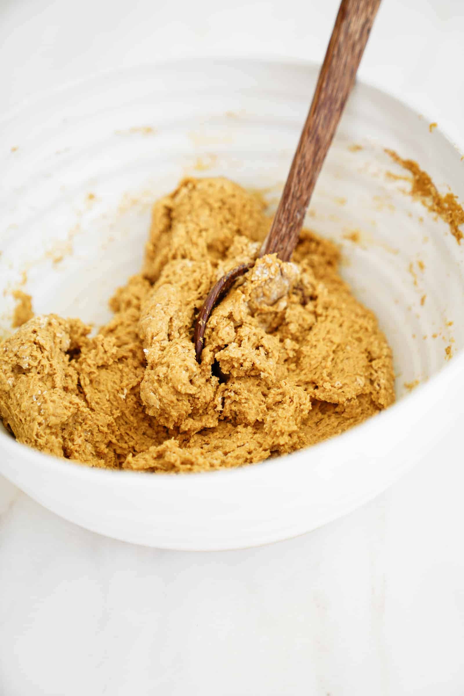 Dry and wet ingredients in a mixing bowl