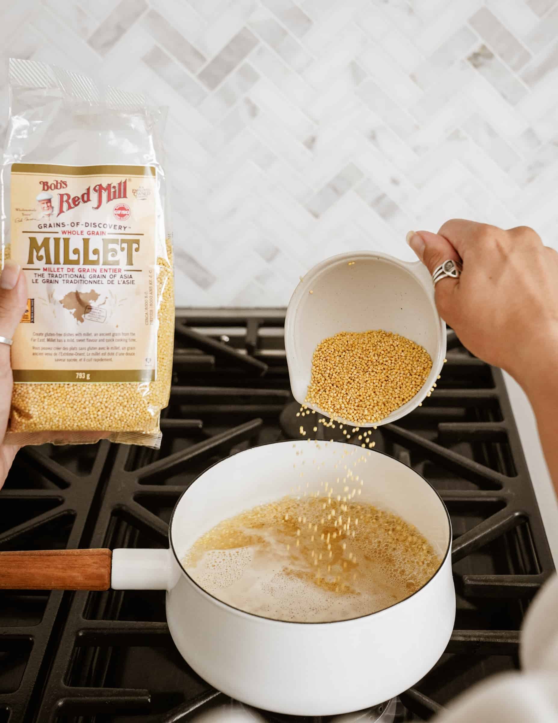 Preparing millet from Bob's Red Mill in pot