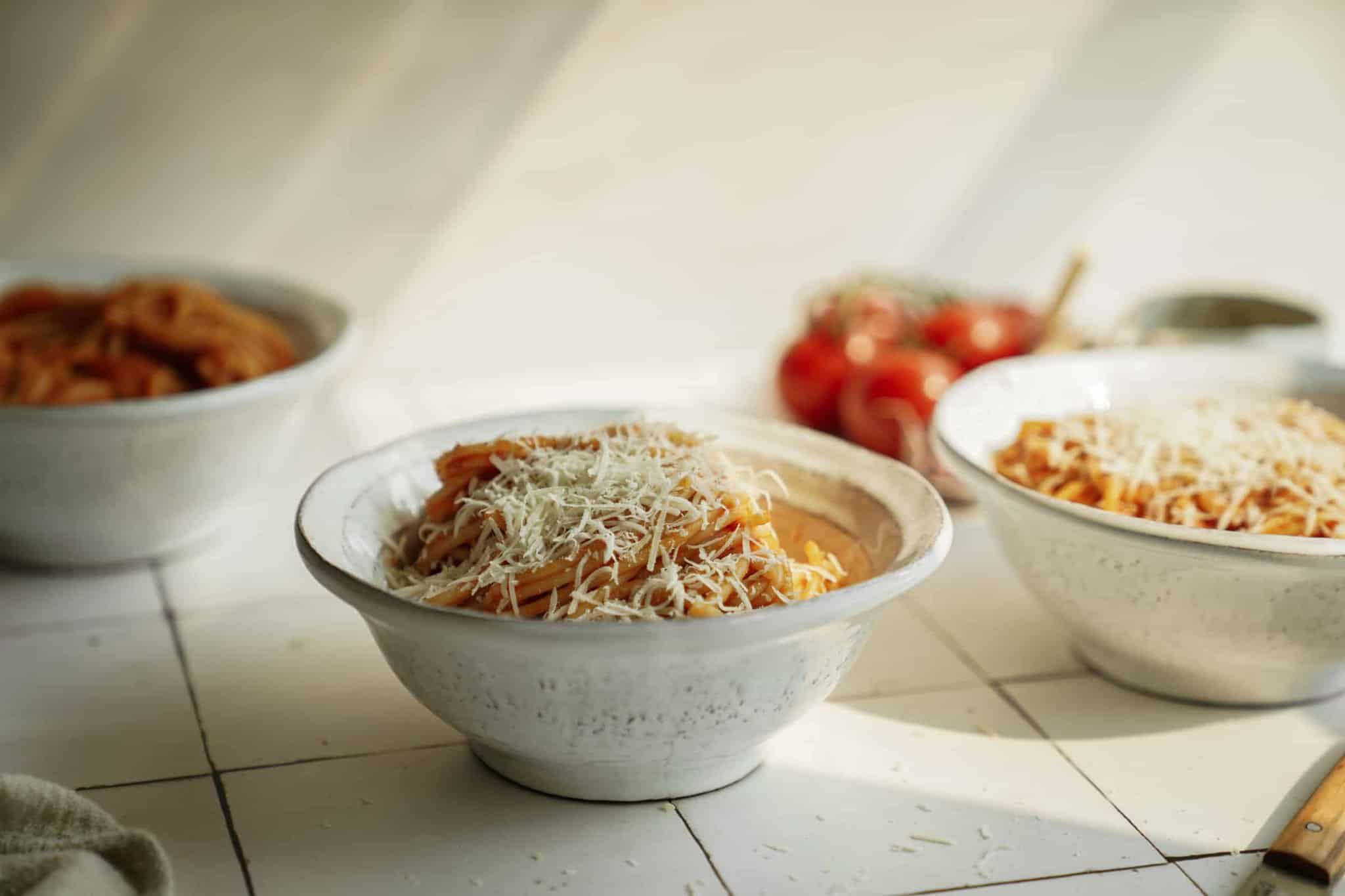 Bowl of Greek Pasta Sauce on spaghetti