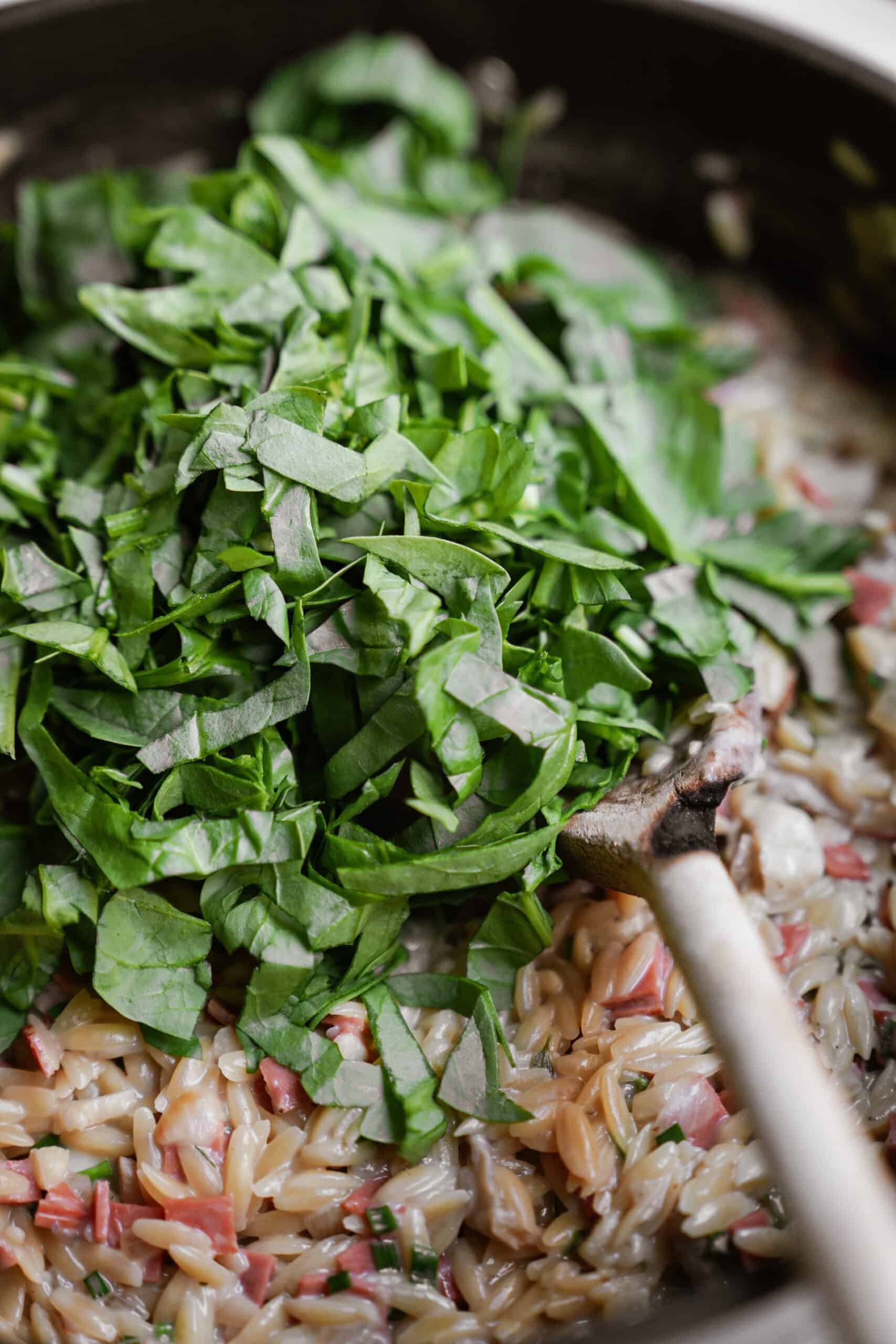 Spinach close-up in a pan