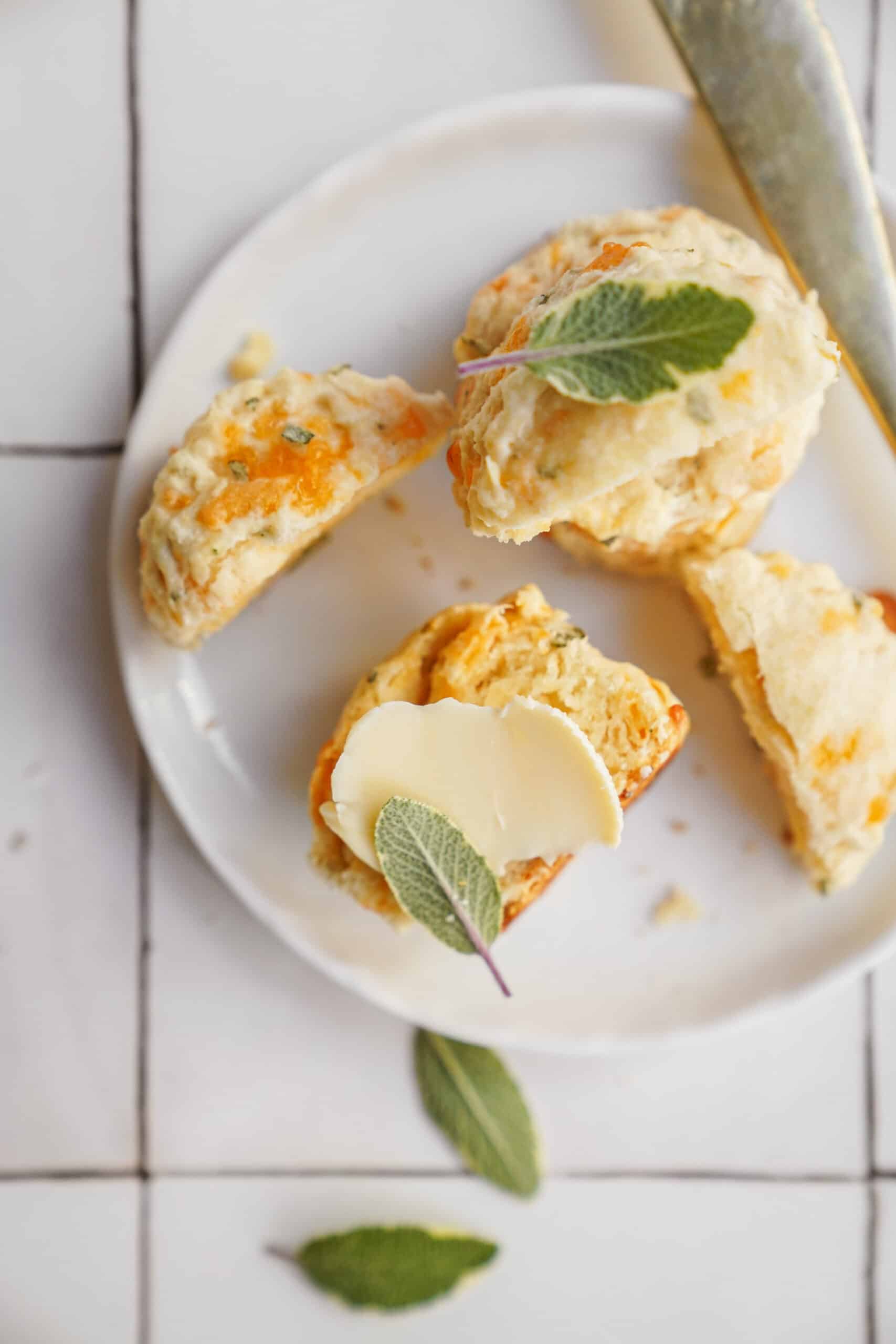 Cheddar biscuits on a white plate