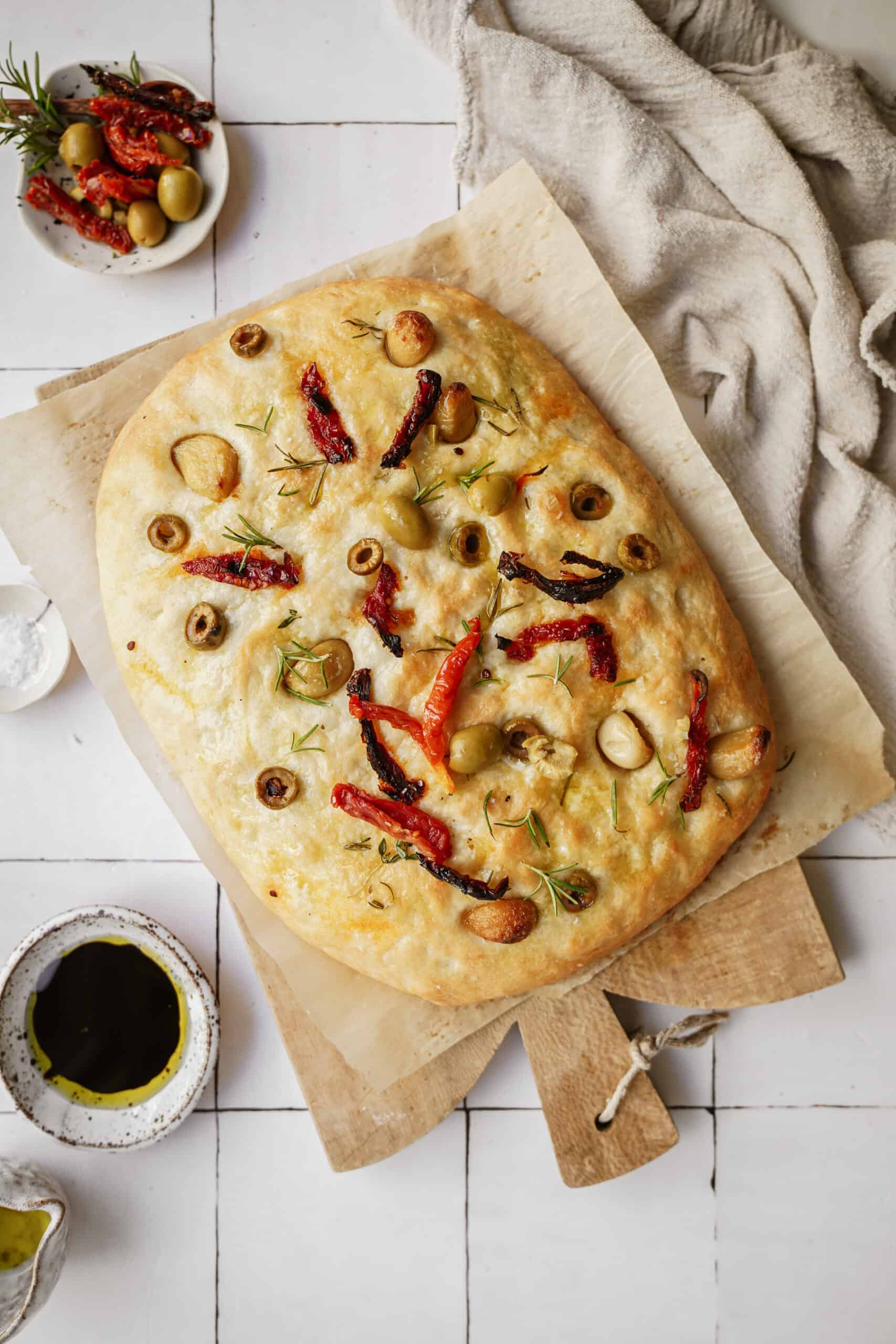 Focaccia Bread Recipe on cutting board