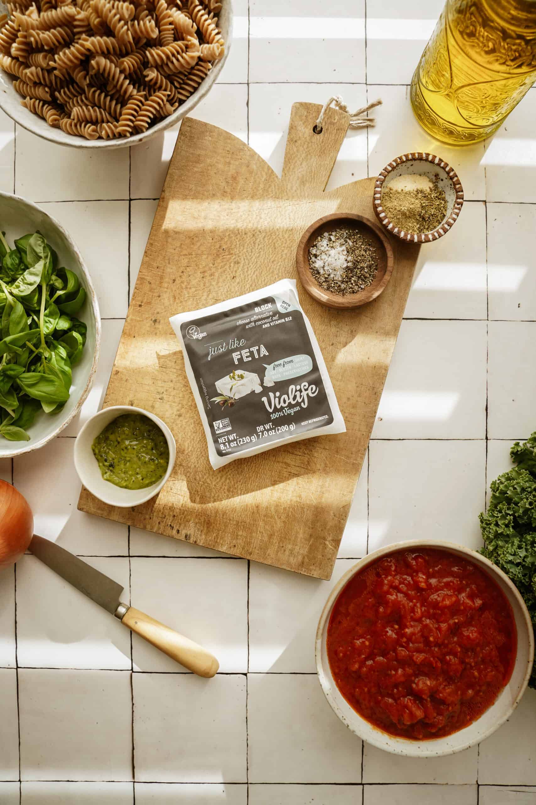 Ingredients for pesto pasta bake