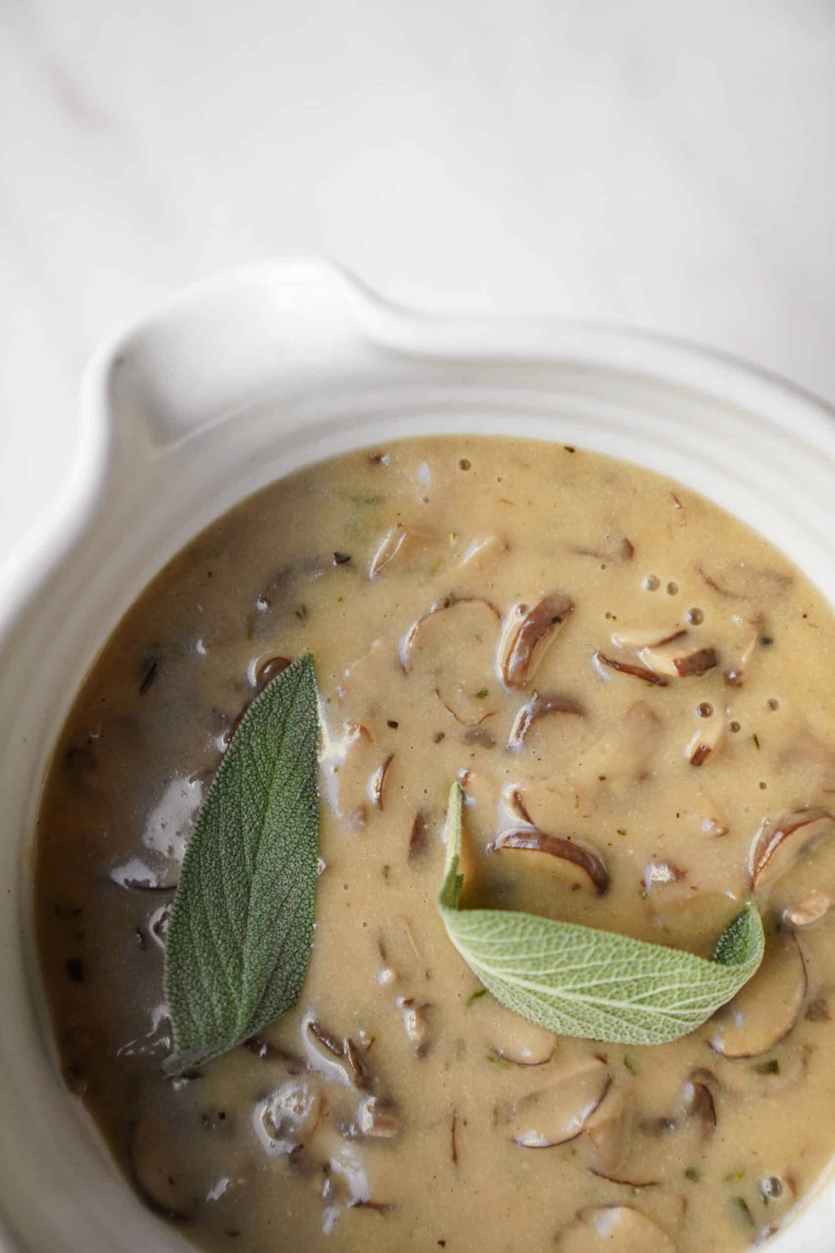 Mushroom gravy in a bowl