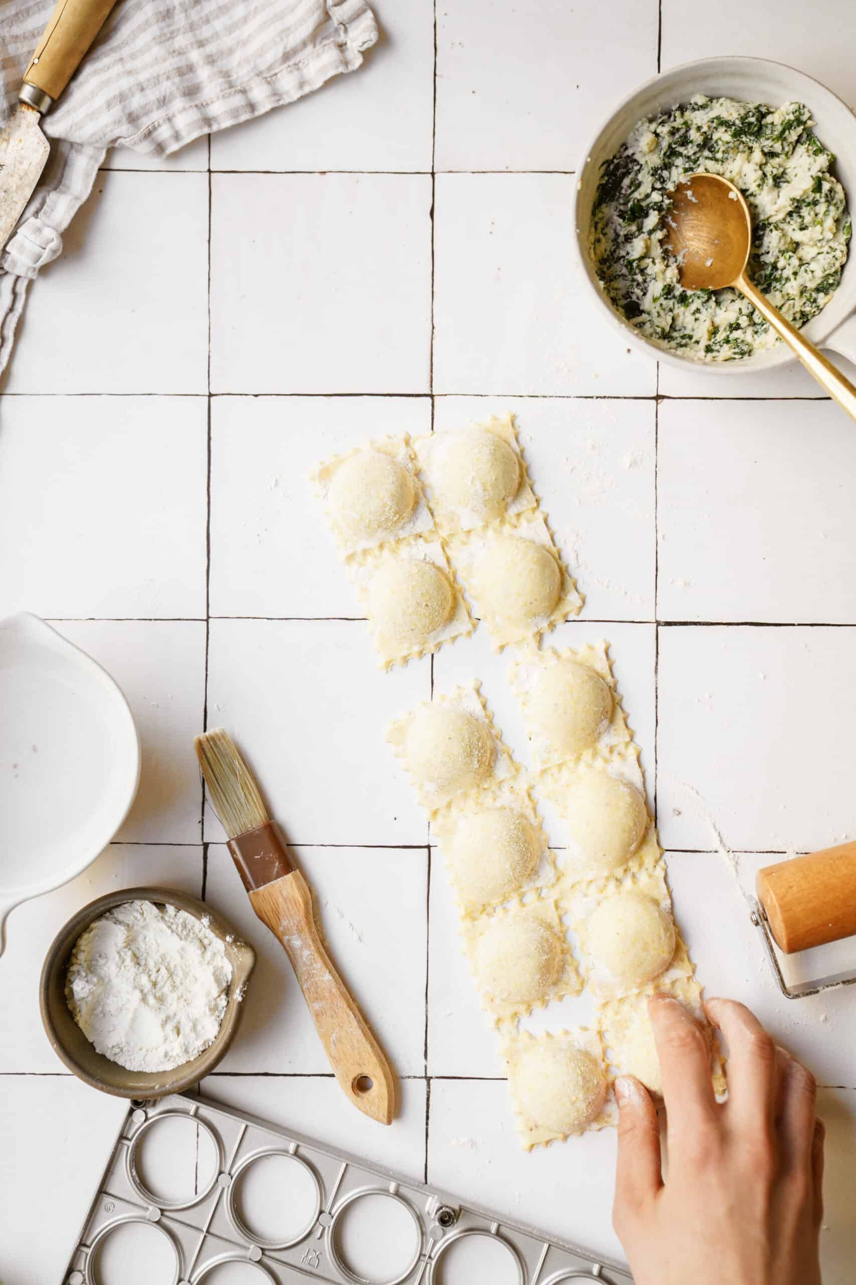 Raw raviolis on countertop