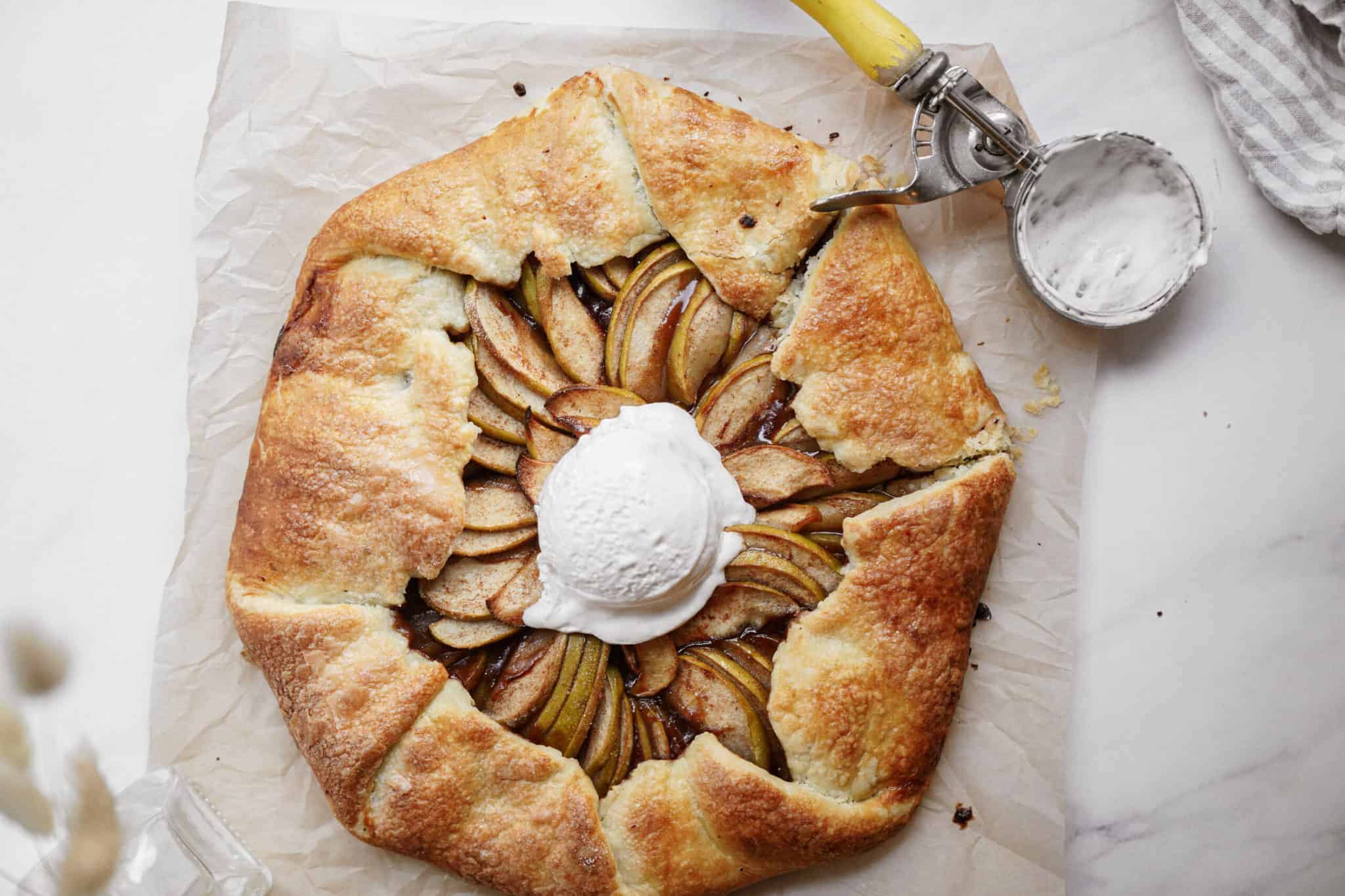 Apple Galette on counter with a scoop of ice cream