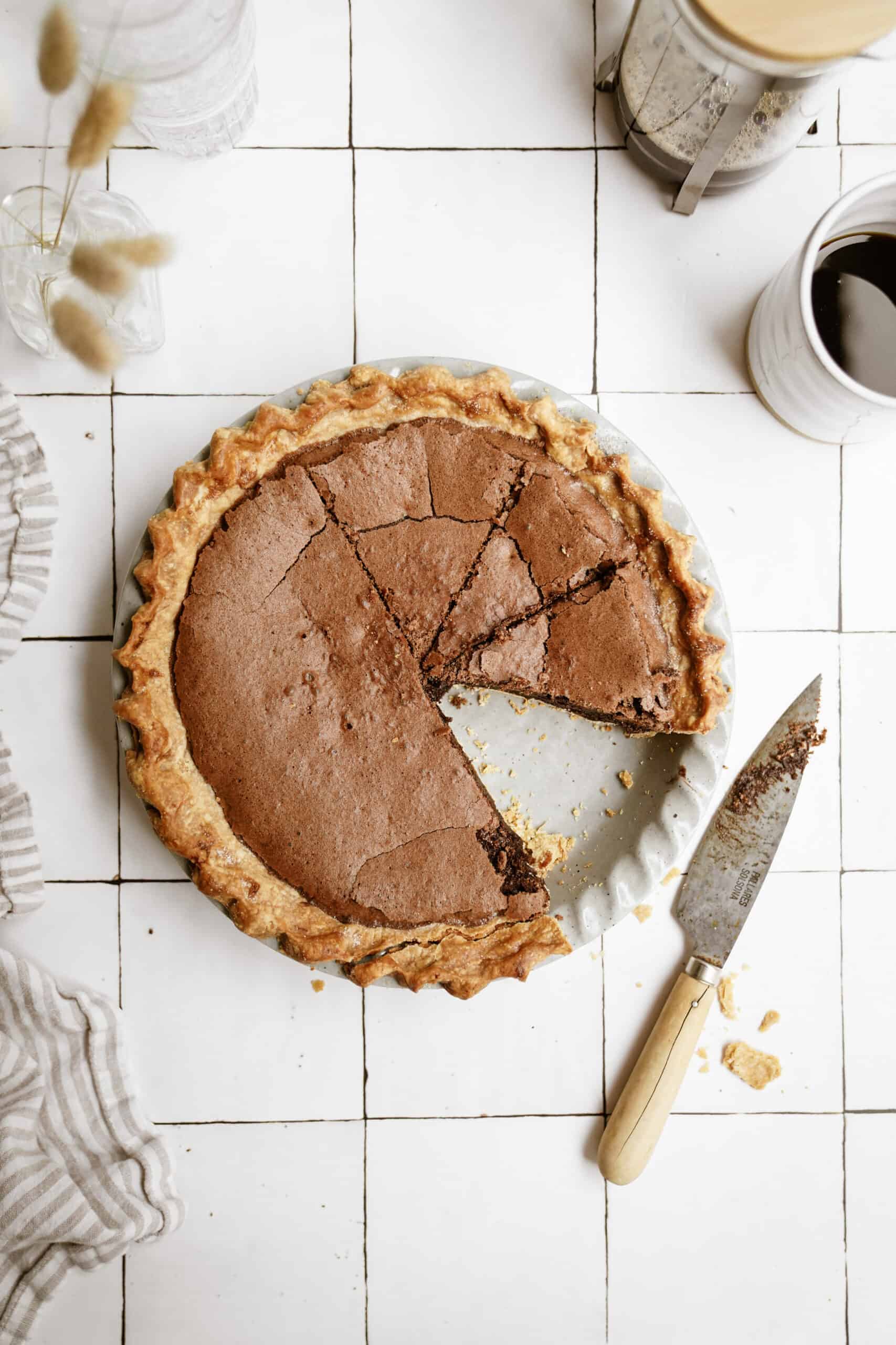 Brownie pie with a slice out of it